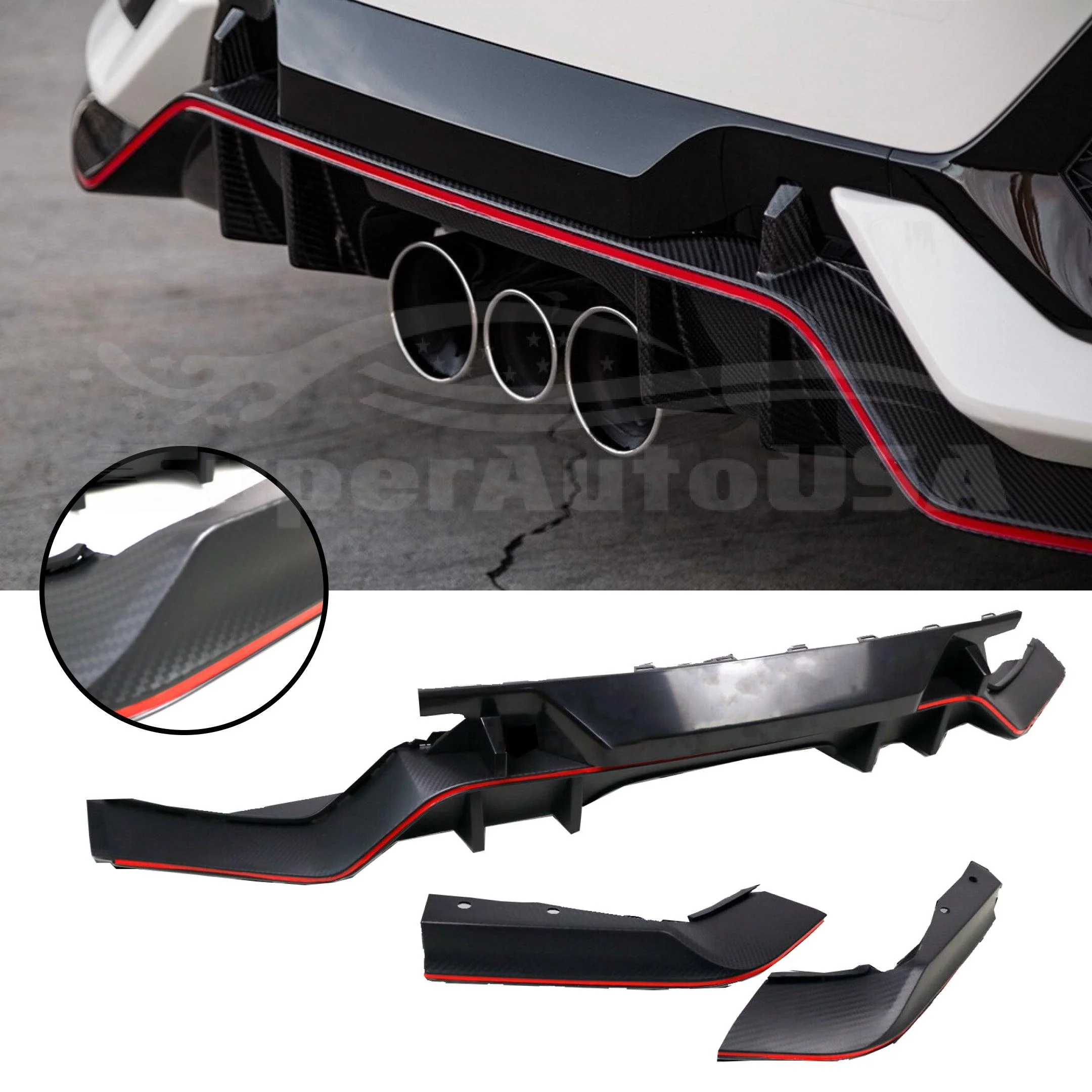 Fits 2017-2021 Honda Civic Hatchback Rear Bumper Garnish Reflectors (Black & Red Trim) - Image 2