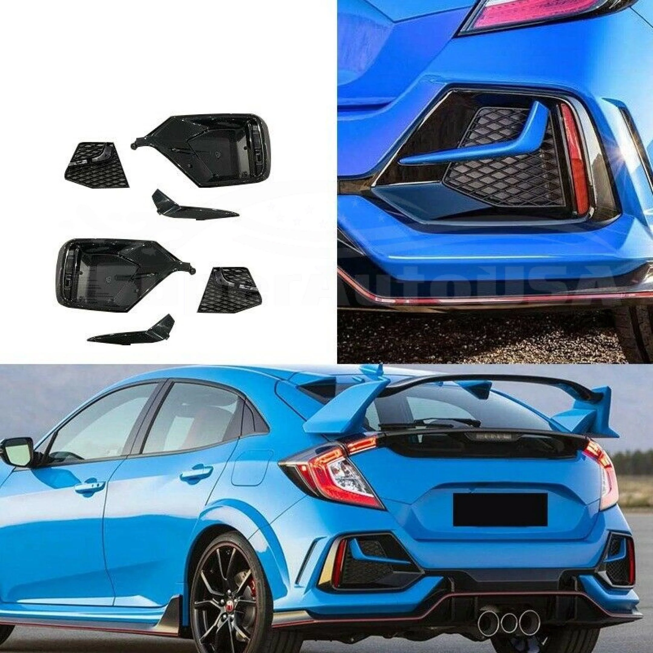 Fits 2017-2021 Honda Civic Hatchback Rear Bumper Garnish Reflectors (Black & Red Trim) - Image 3