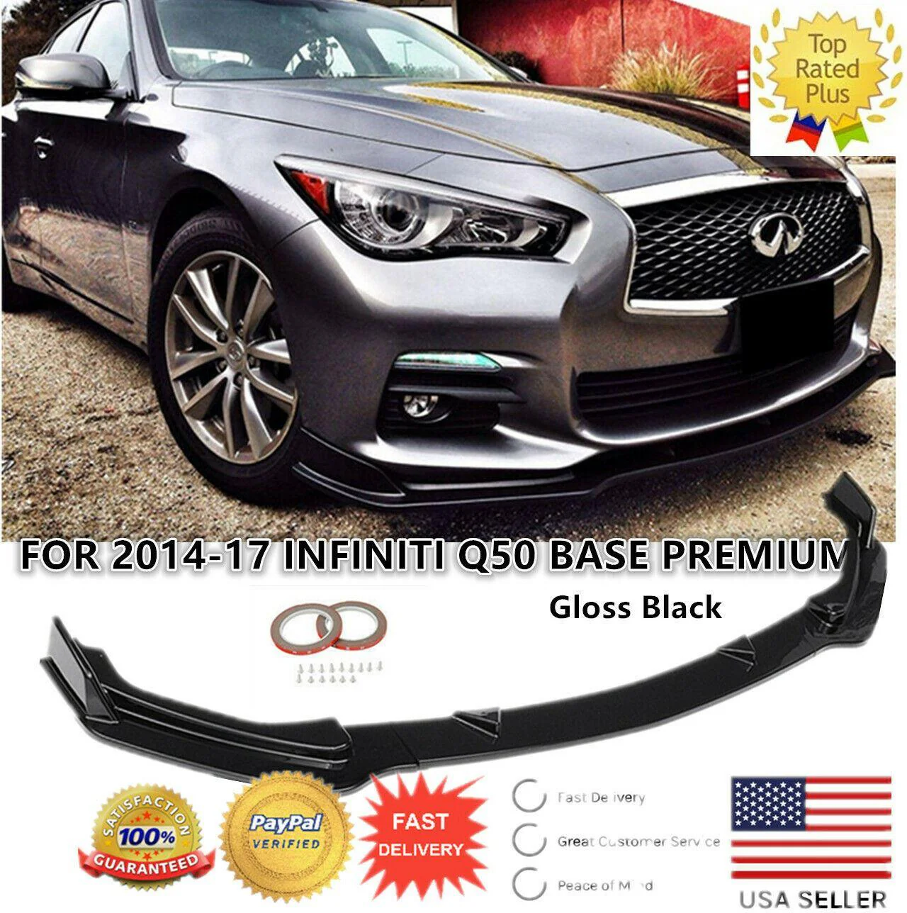 Fit 2014-2017 Infiniti Q50 Base Premium Front Bumper Lip Spoiler Splitter (Gloss Black) - Image 10