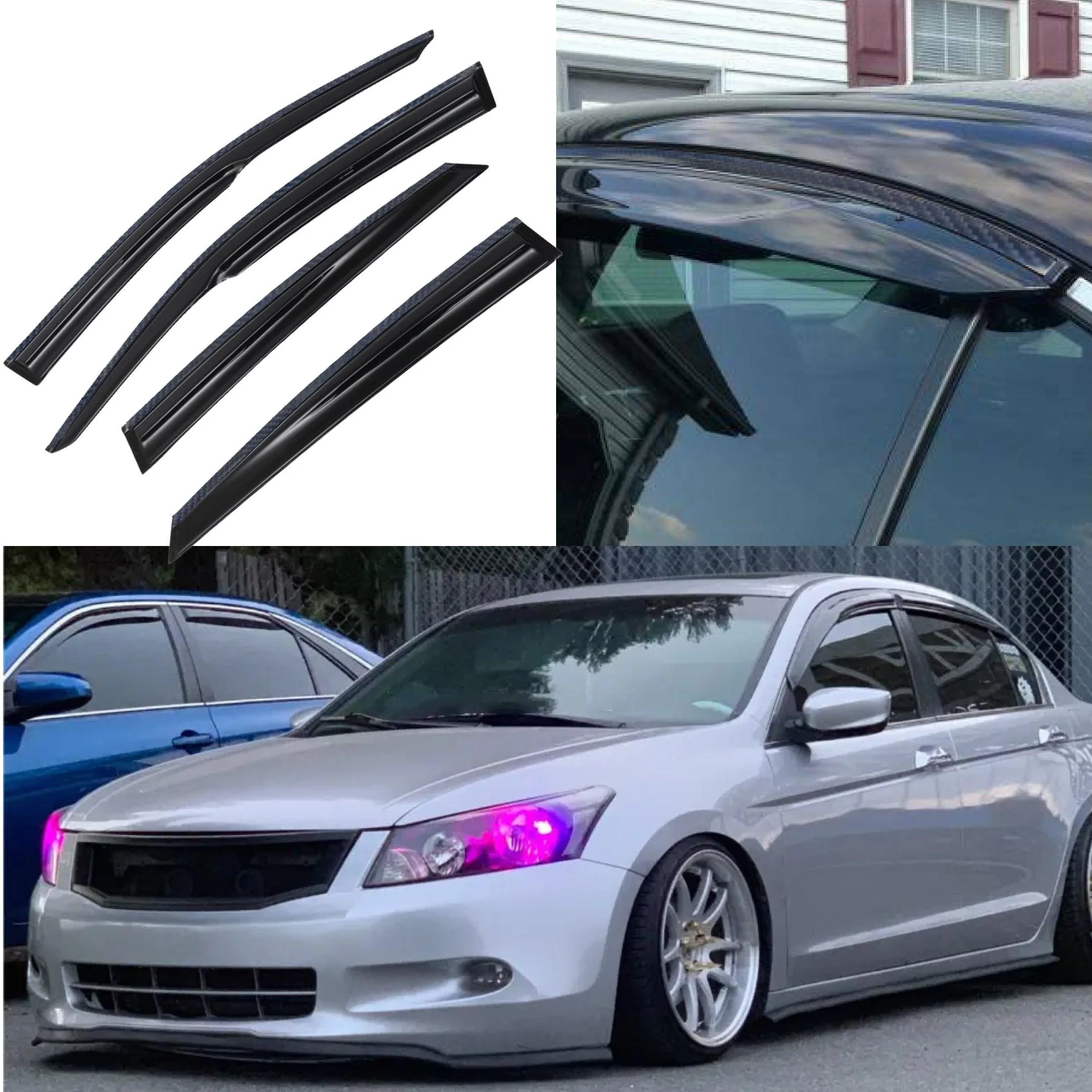 Fit 2008-2012 Honda Accord Carbon Fiber & 3D Mugen Style Trim Vent Window Visors Rain Sun Wind Guards Shade Deflectors