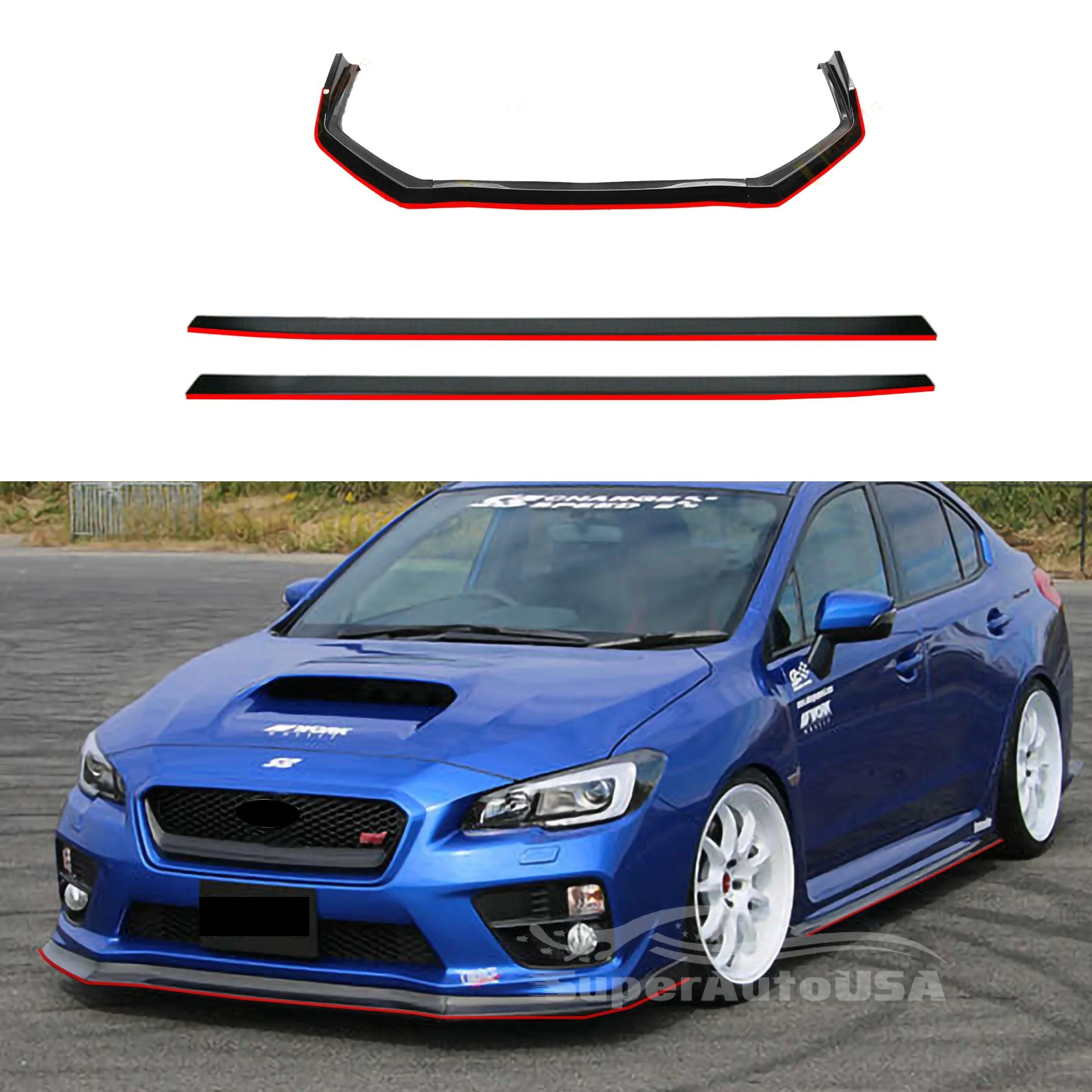 2015-2021 Subaru Impreza WRX STI VA - Front Lip + Side Skirts - Gloss Black w/ Red Trim (5pc)