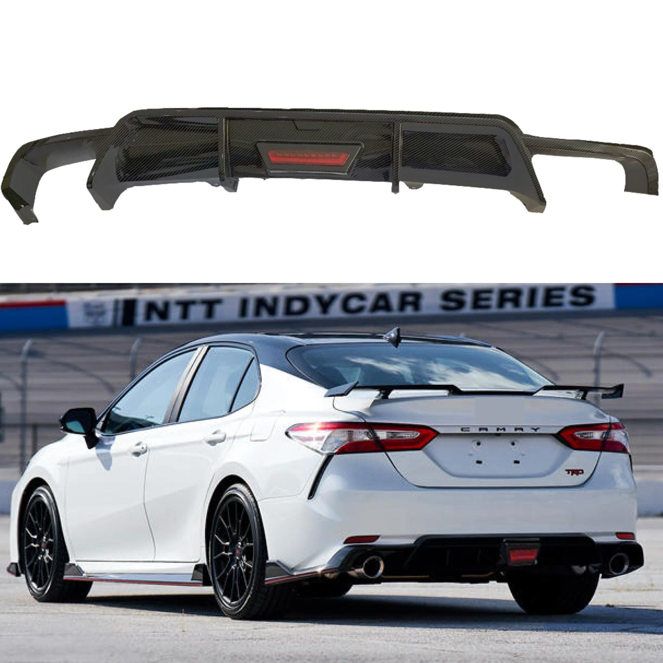 Fit 2018-2024 Toyota Camry Rear Bumper Lower Diffuser Spoiler with LED Light (Carbon Fiber Print)
