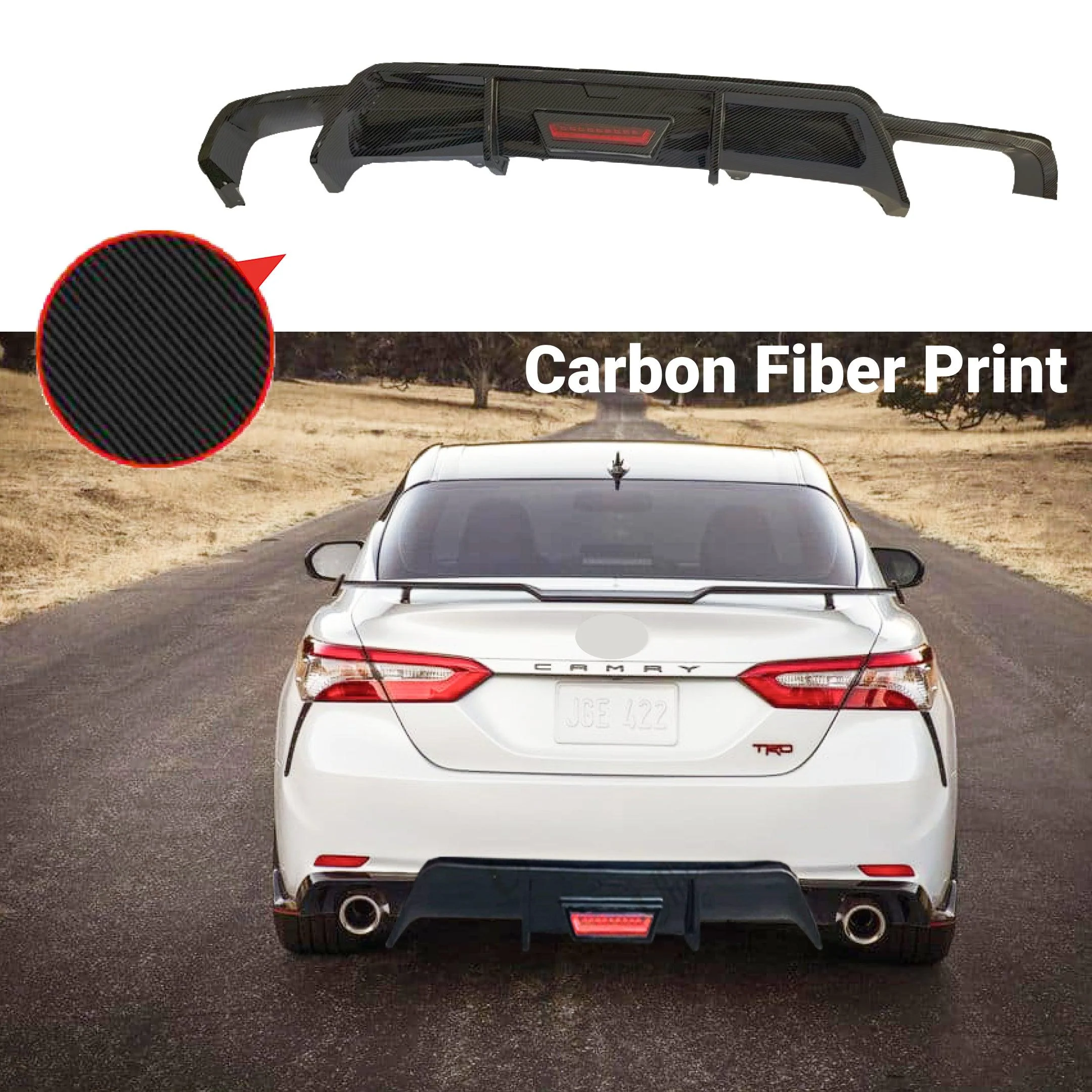 Fit 2018-2024 Toyota Camry Rear Bumper Lower Diffuser Spoiler with LED Light (Carbon Fiber Print) - Image 6