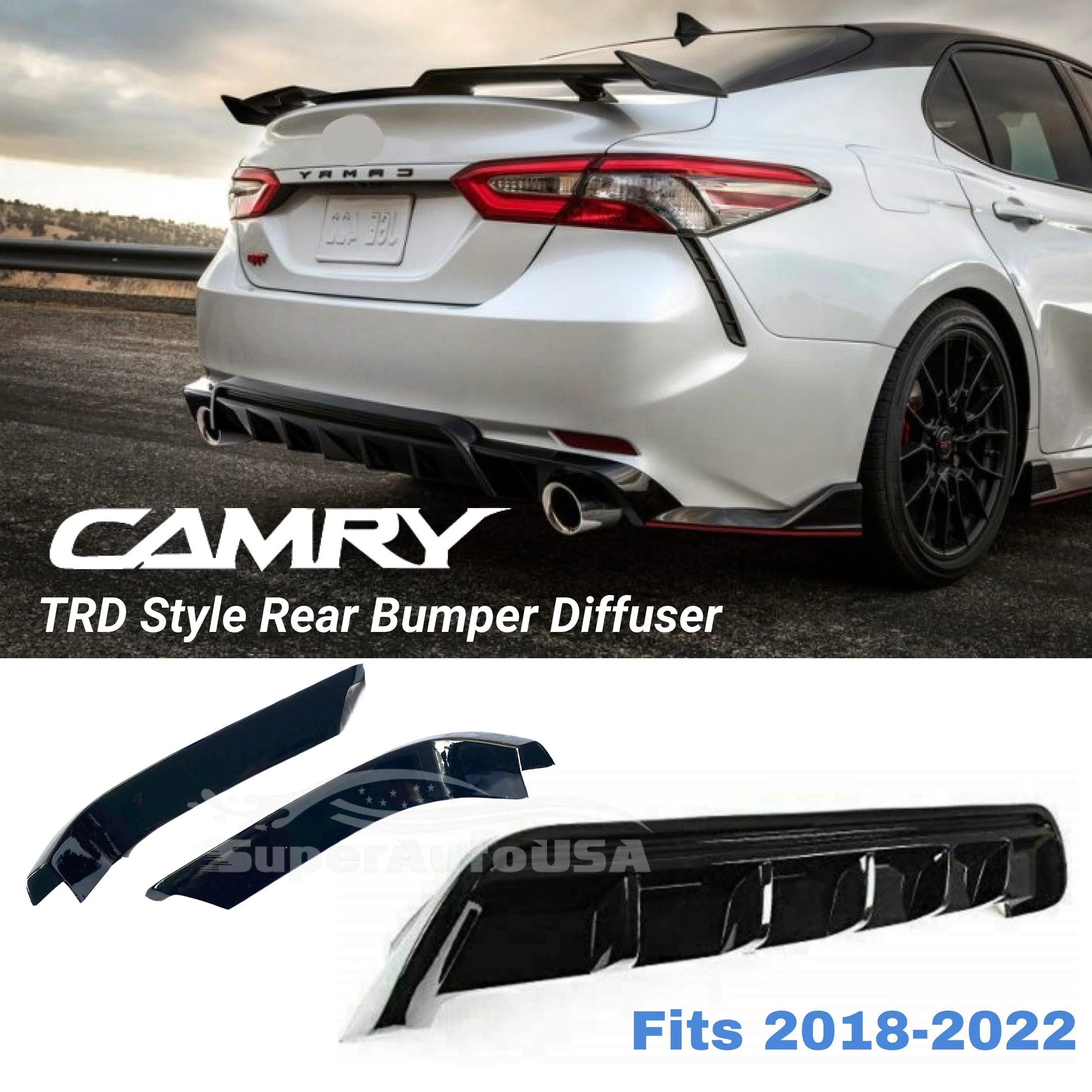 Fit 2018-2024 Toyota Camry TRD Style Black Rear Bumper Lip Spoiler Lower Diffuser & Splitters - Image 7