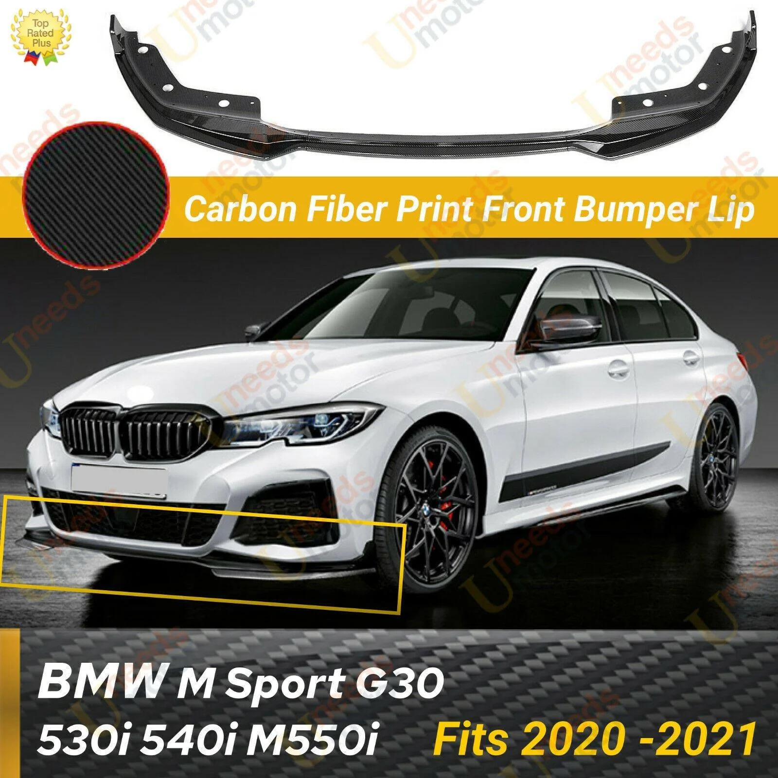 Fit 2021-2023 BMW G30 5 Series M Sport Front Bumper Lip Splitter (Carbon Fiber Print) - Image 2