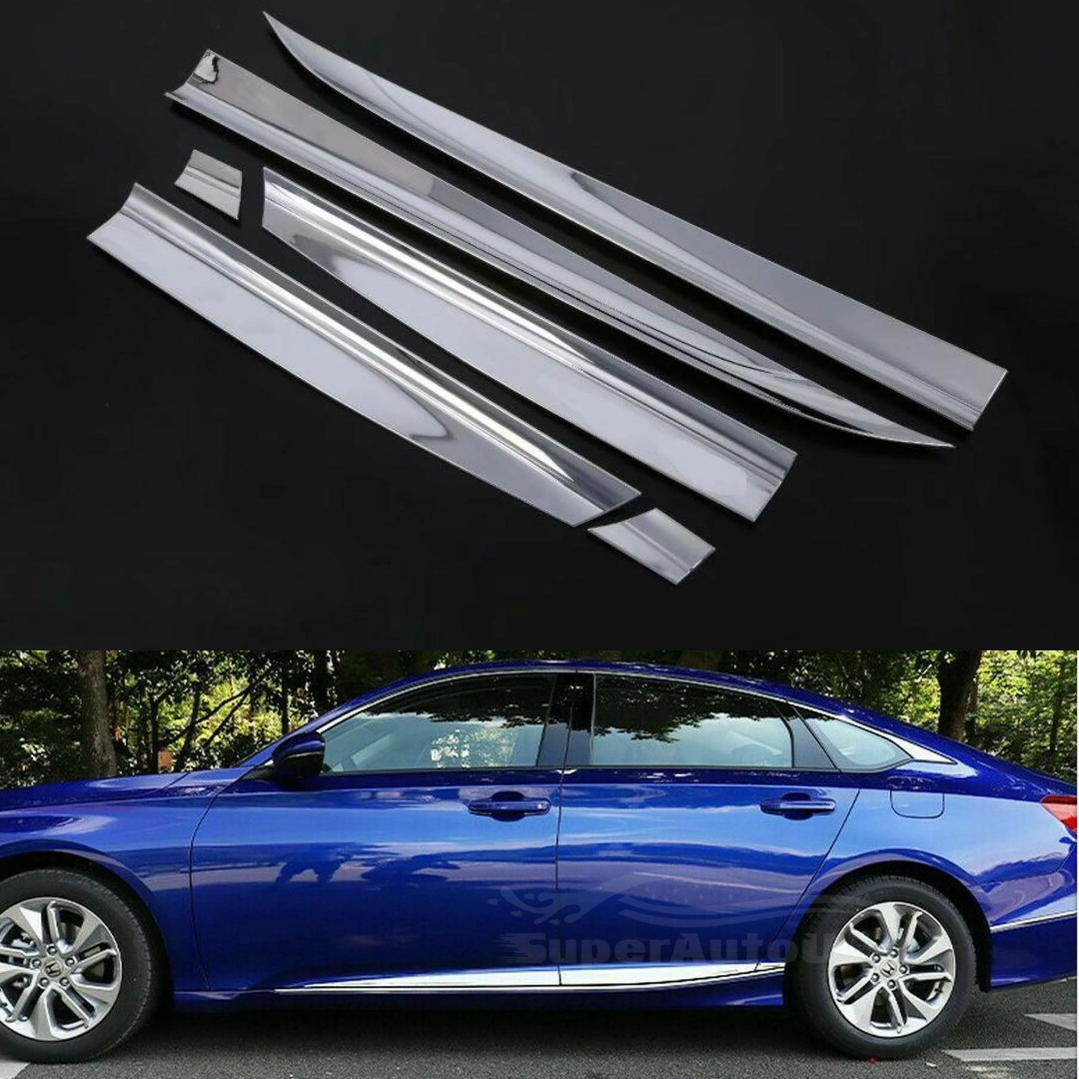 Fit 2018-2023 Honda Accord Stainless Steel Side Body Door Molding Trim (Chrome, 6 pcs)