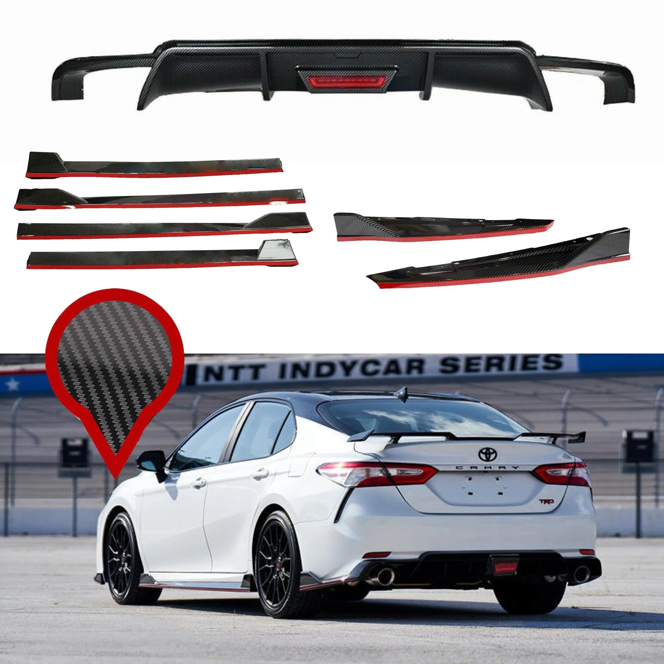Fit 2018-2024 Toyota Camry TRD Style Rear Diffuser Spoiler LED Light Side Body Skirts Rear Splitters Body Skit 3-in-1 w/Red Trim - Image 10