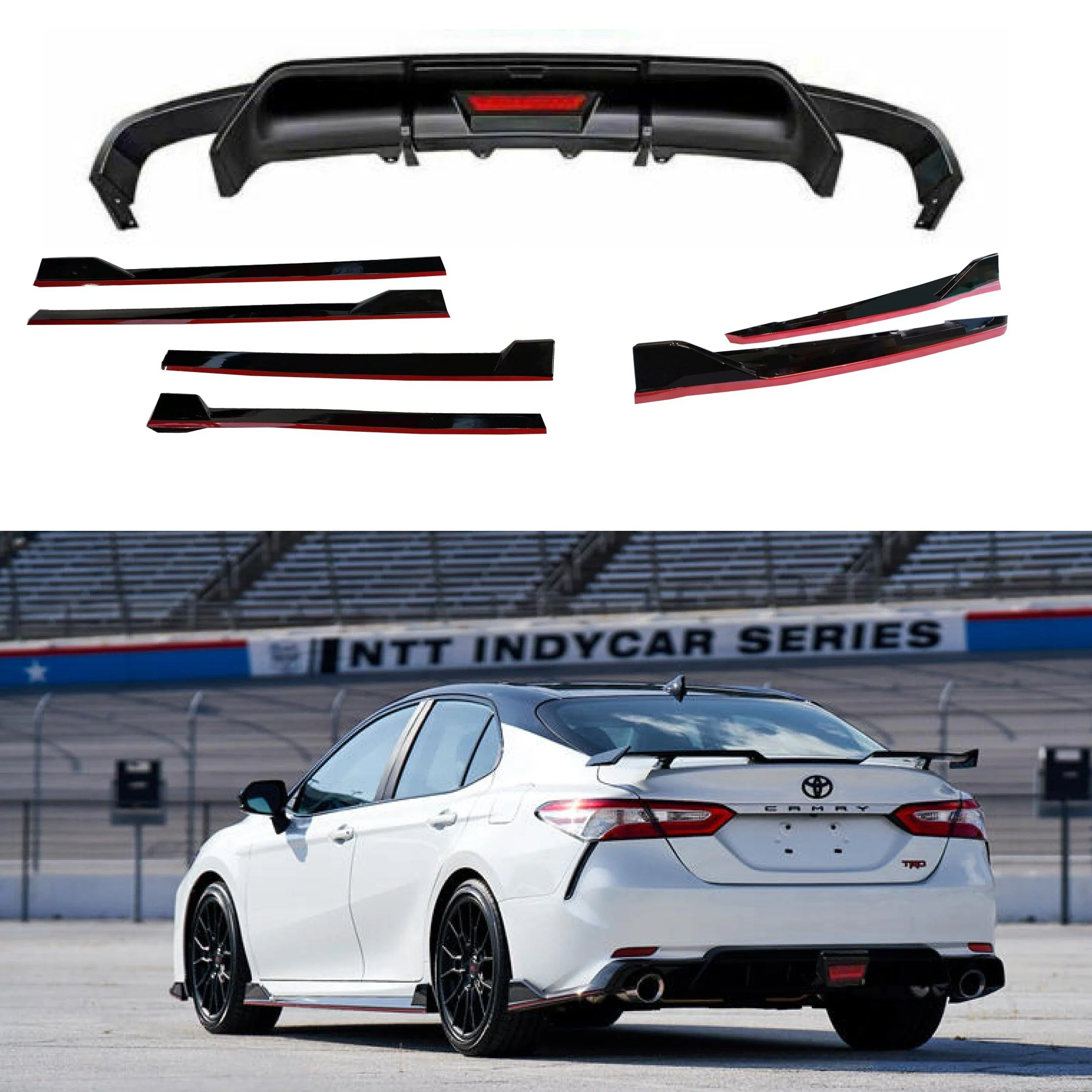 Fit 2018-2024 Toyota Camry TRD Style Rear Diffuser Spoiler LED Light Side Body Skirts Rear Splitters Body Skit 3-in-1 w/Red Trim - Image 9