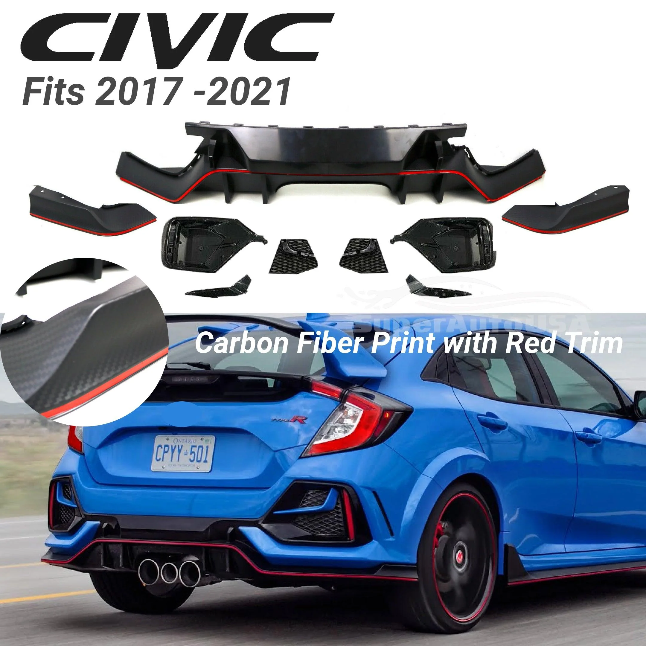 Fits 2017-2021 Honda Civic Hatchback Rear Bumper Spoiler Garnish Reflectors (Carbon Fiber Print and Red Trim) - Image 5
