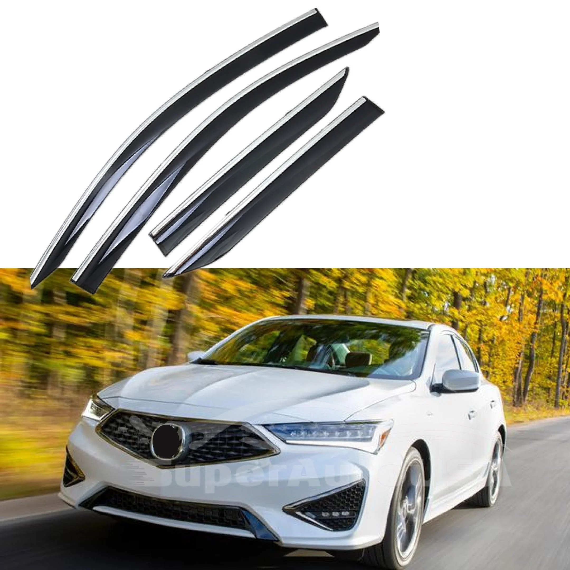 Fit 2013-2022 Acura ILX Chrome Trim Vent Window Visors Rain Sun Wind Guards Shade Deflectors