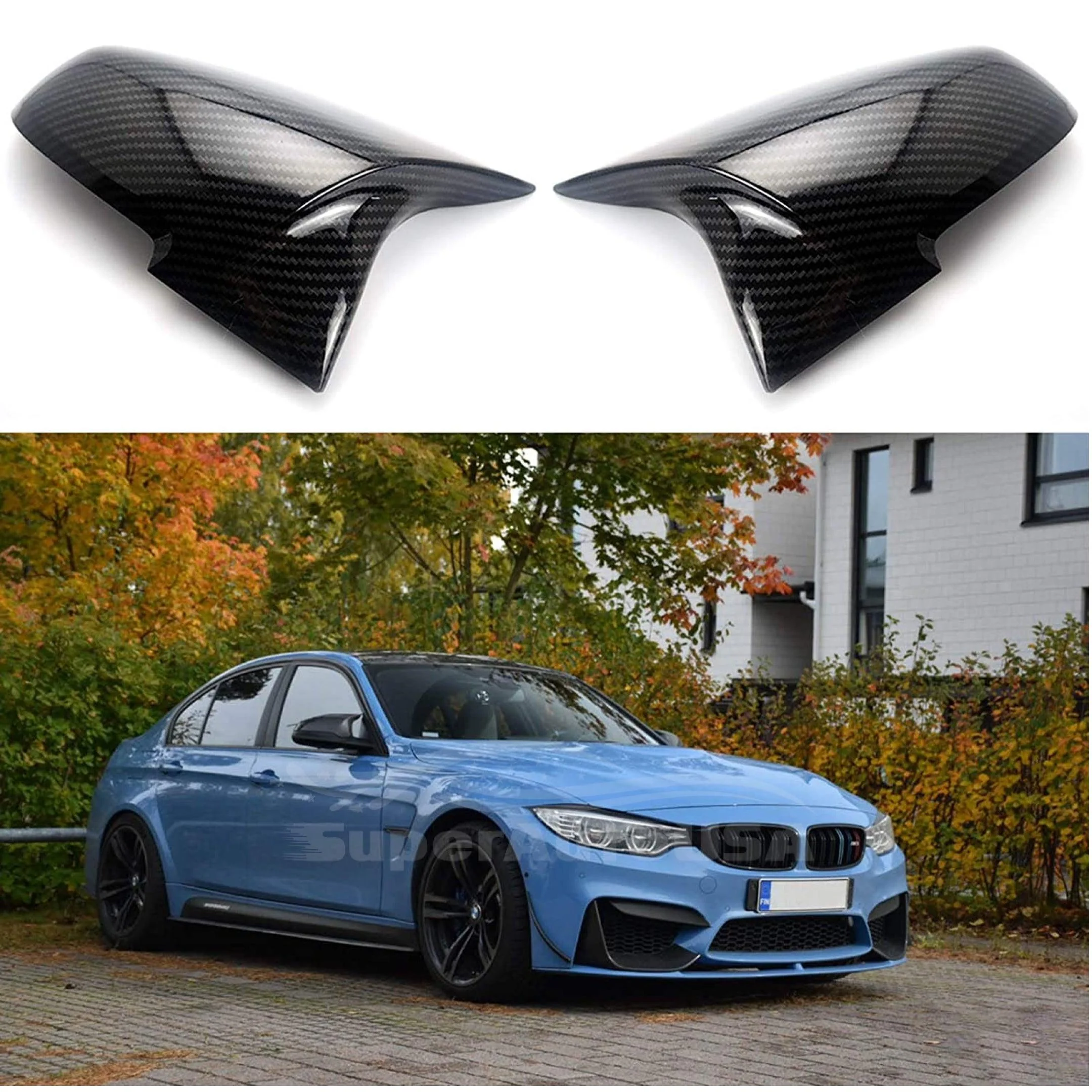Fits BMW 1/3/4 series M2 Rearview Side Mirror Cover Caps Horn Style (Carbon Fiber Print)