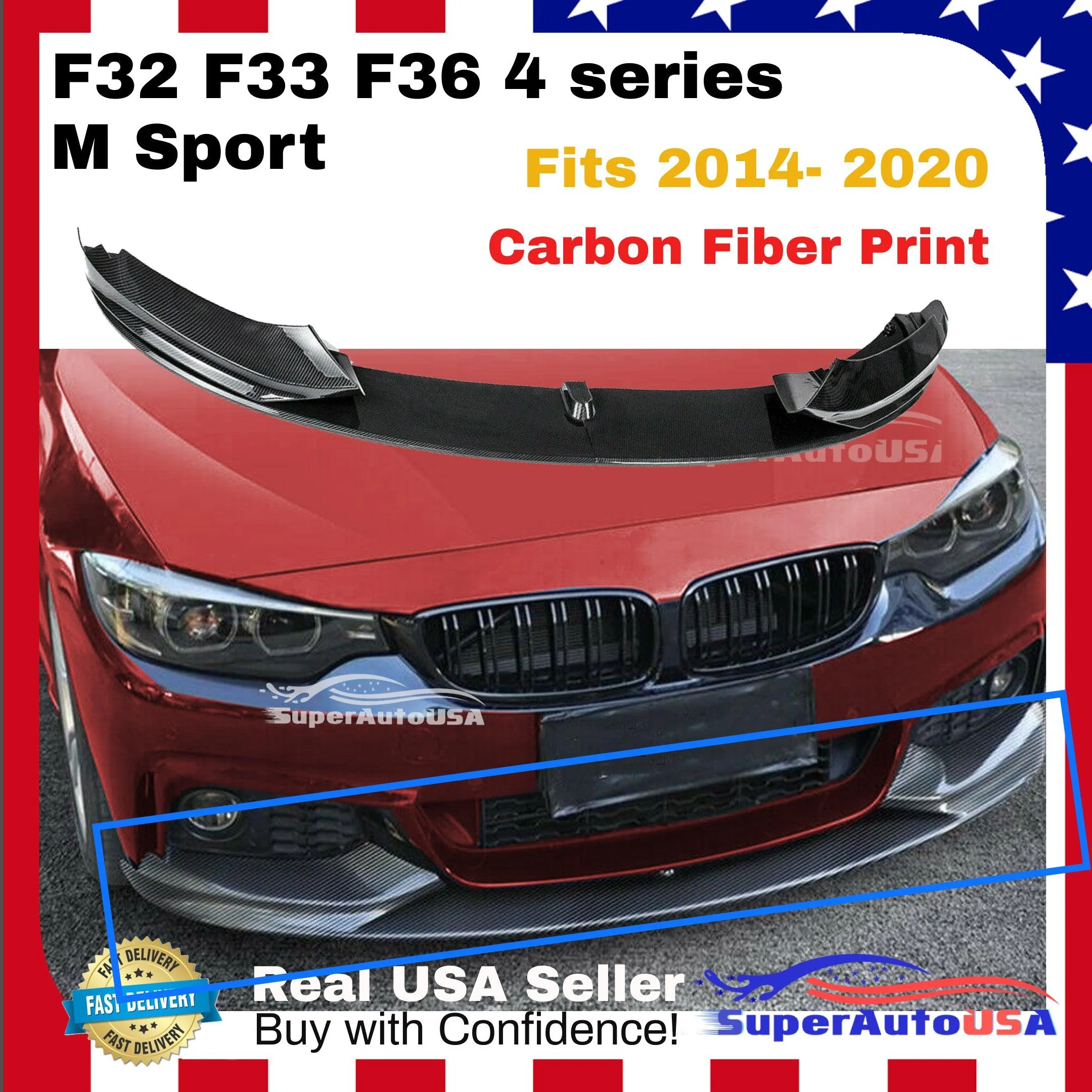 Fits 2014-2020 BMW F32 F33 F36 4 Series M Sport Front Lip Spoiler (Carbon Fiber Print) - Image 2