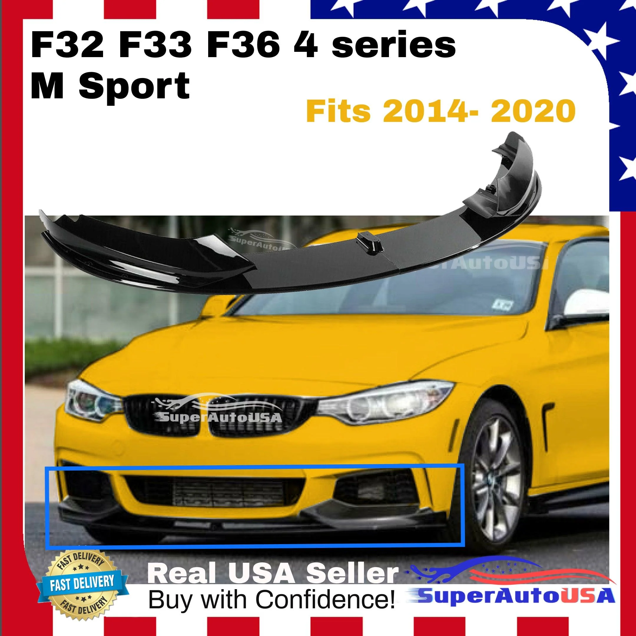 Fits 2014-2020 BMW F32 F33 F36 4 Series M Sport Front Bumper Lip Spoiler (Gloss Black) - Image 2