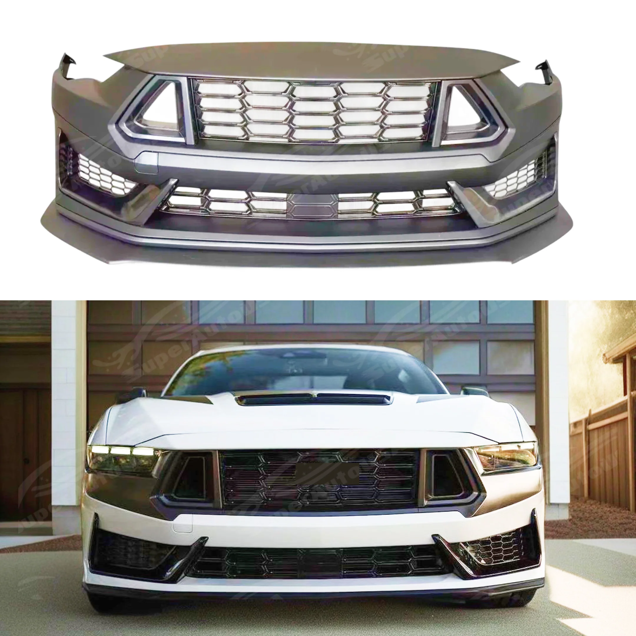 Fits Ford Mustang 2024-2025up Dark Horse Style Front Bumper Cover Fascia Upper Lower Grilles Lip & Rear Bumper Cover primed Diffuser Kit - Image 2