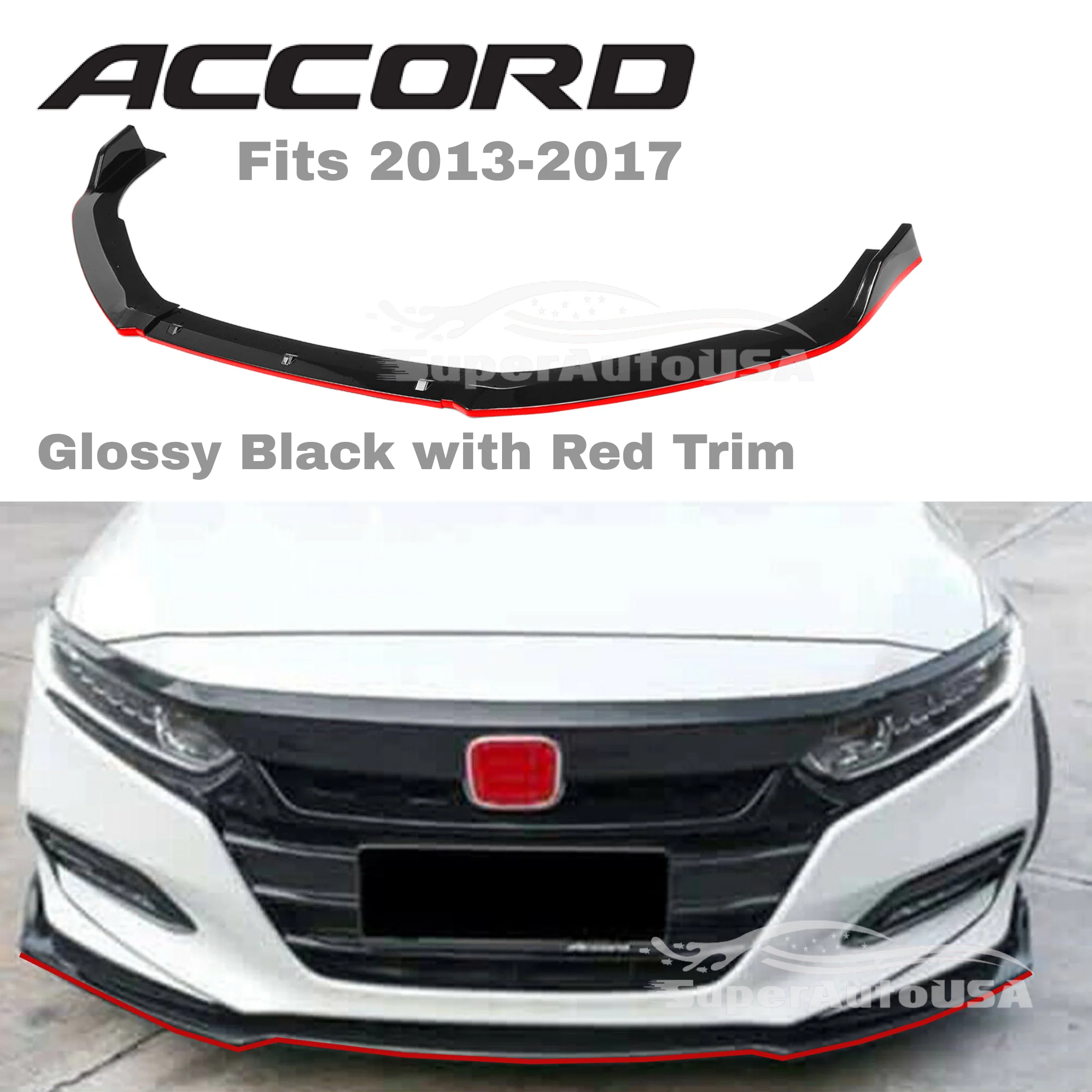 Fits 2013-2017 Honda Accord Front Bumper Lip Spoiler (Gloss Black with Red Trim) - Image 2