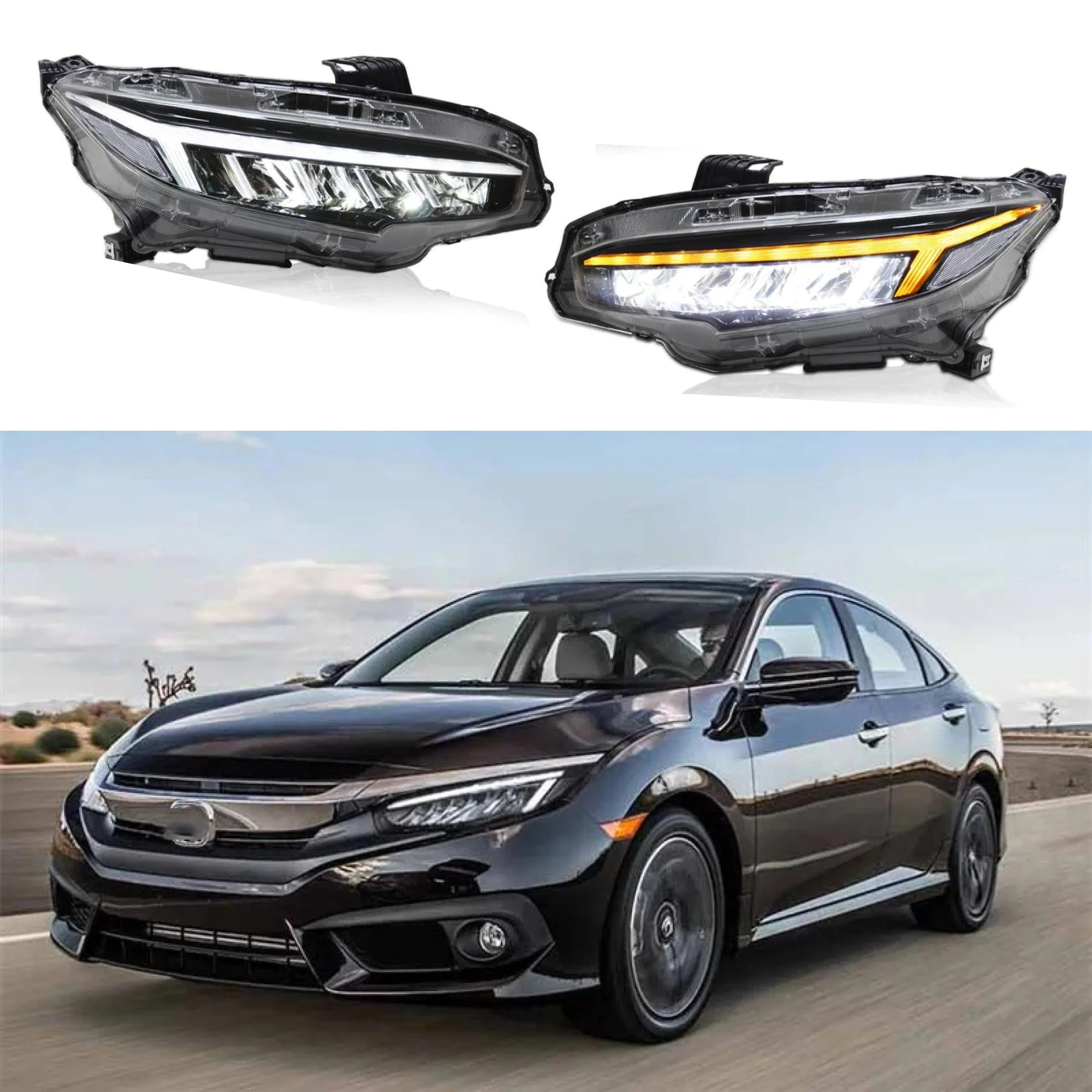 Fits Honda Civic 2016-2021 LED Head Light Front Lamps Pair Sequential Assembly
