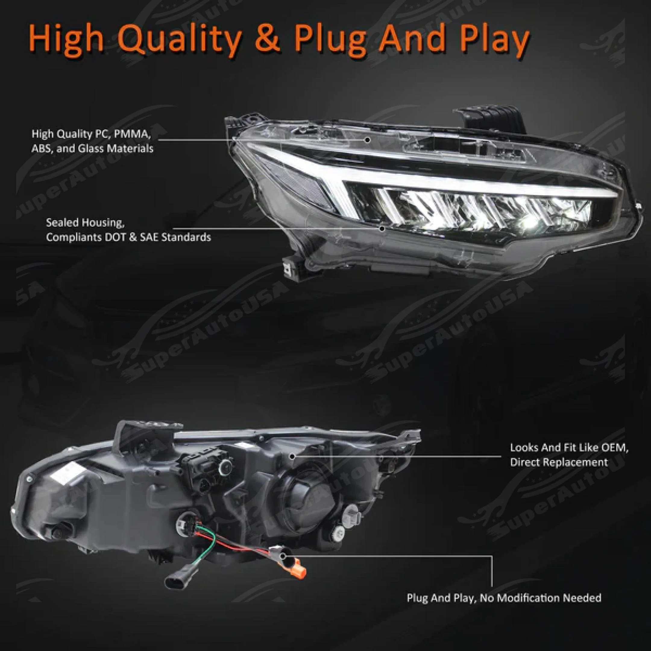 Fits Honda Civic 2016-2021 LED Head Light Front Lamps Pair Sequential Assembly - Image 8