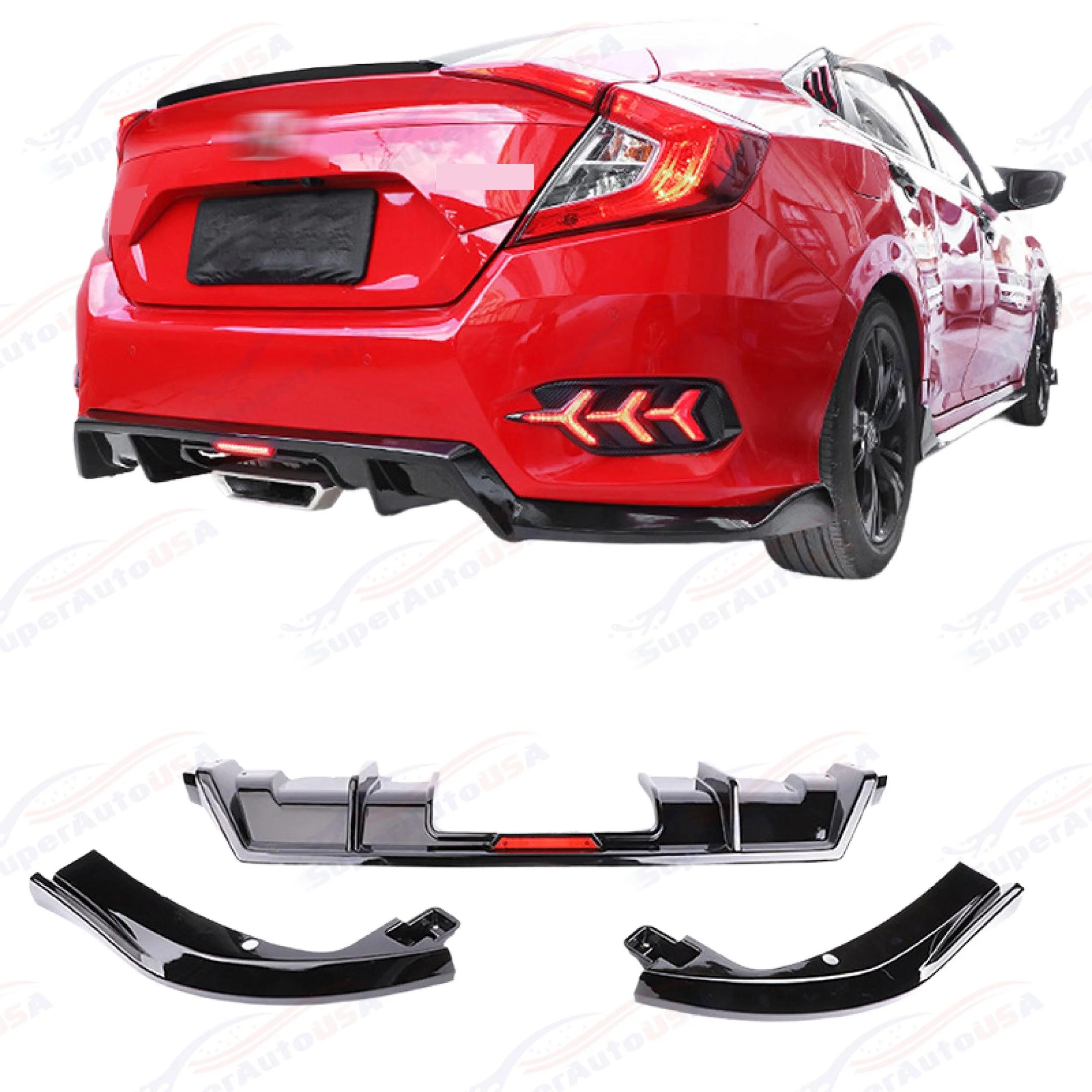 Fits 2016-2021 Honda Civic Sport Sedan Rear Bumper Lip Spoiler Diffuser LED Rear Corners - Image 3