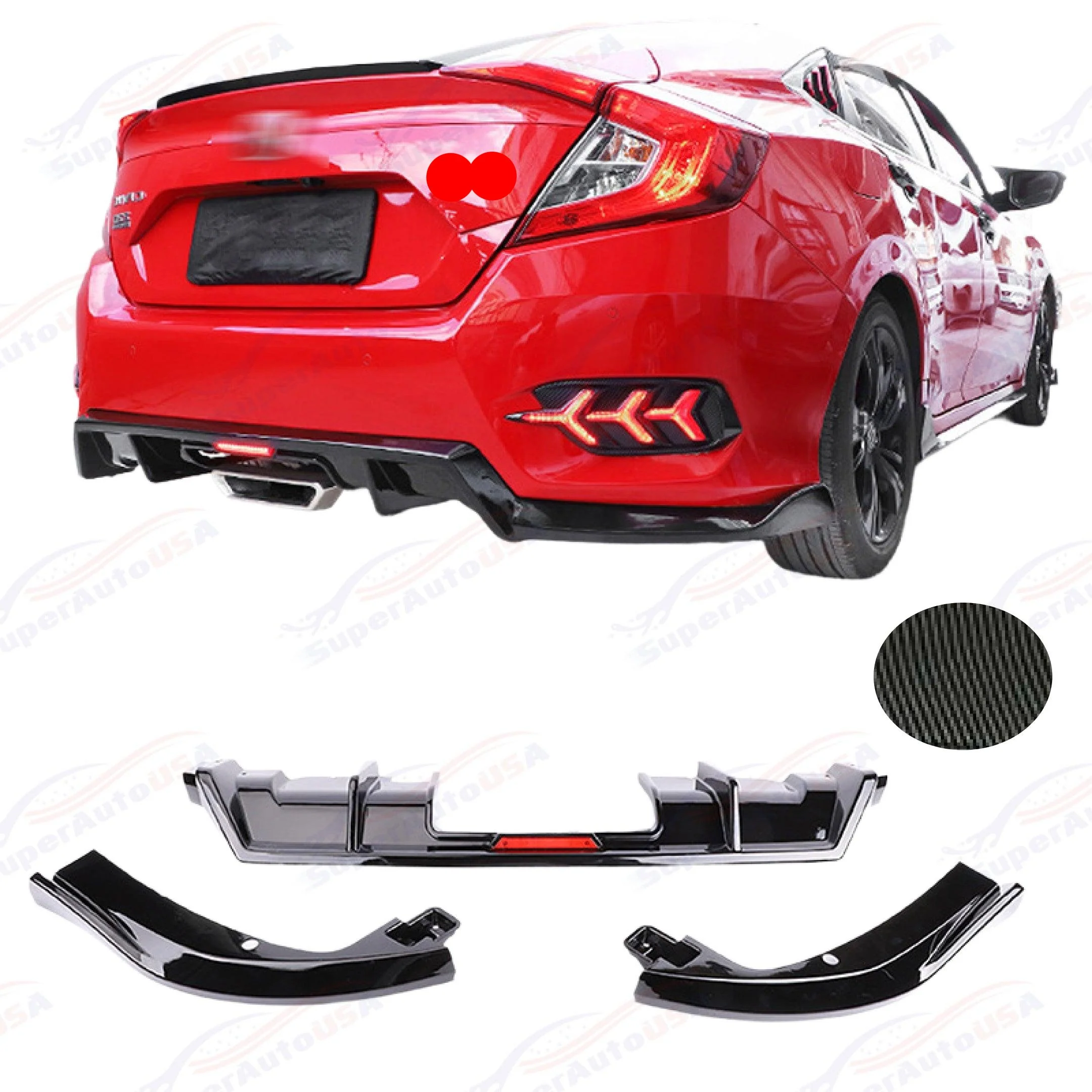 Fits 2016-2021 Honda Civic Sport Sedan Rear Bumper Lip Spoiler Diffuser LED Rear Corners - Image 5