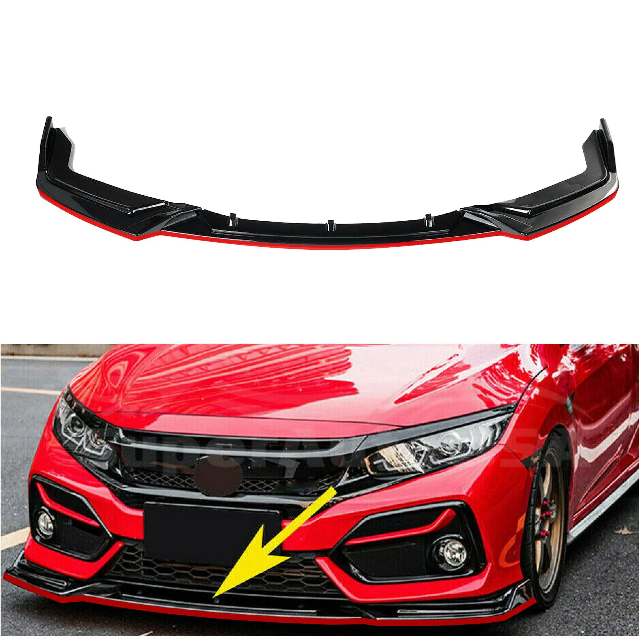 Fits 2017-2021 Honda CIVIC Hatchback Si Red Trim Performance Front Bumper Lip