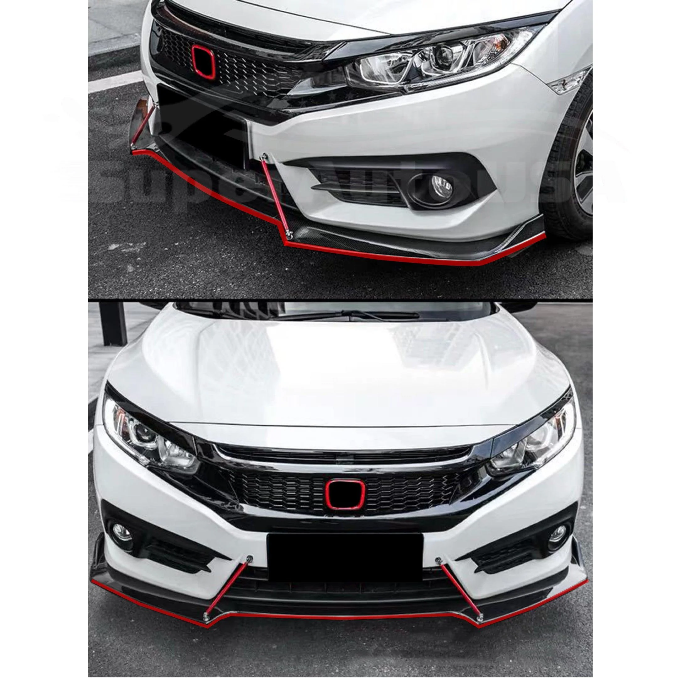 Fit Honda Civic Sedan 2017-2021 Red Trim Performance Front Bumper Lip - Image 2