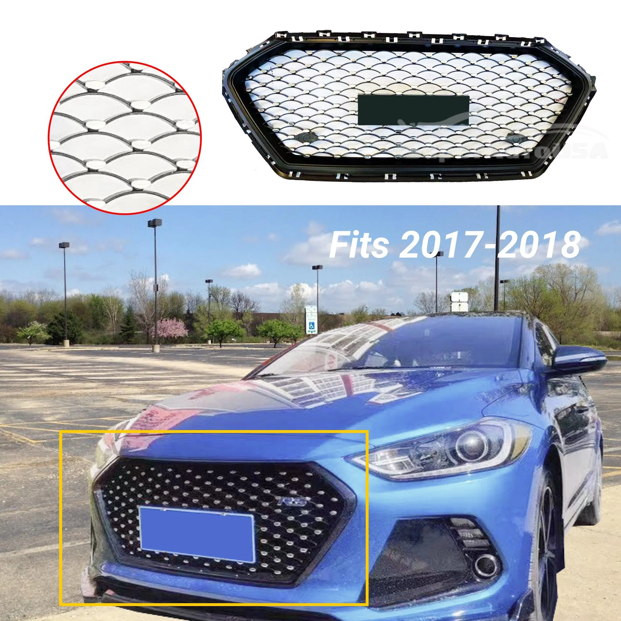 For Hyundai Elantra 2017-2018 Sedan Front Grille Bumper Black Grill (Chrome) - Image 2