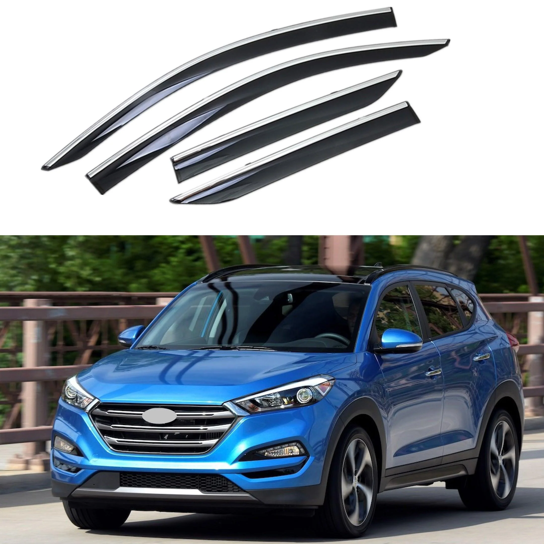 For Hyundai Tucson 2016-2018 Clip-On Chrome Trim Vent Window Visors Rain Sun Wind Guards Shade Deflectors
