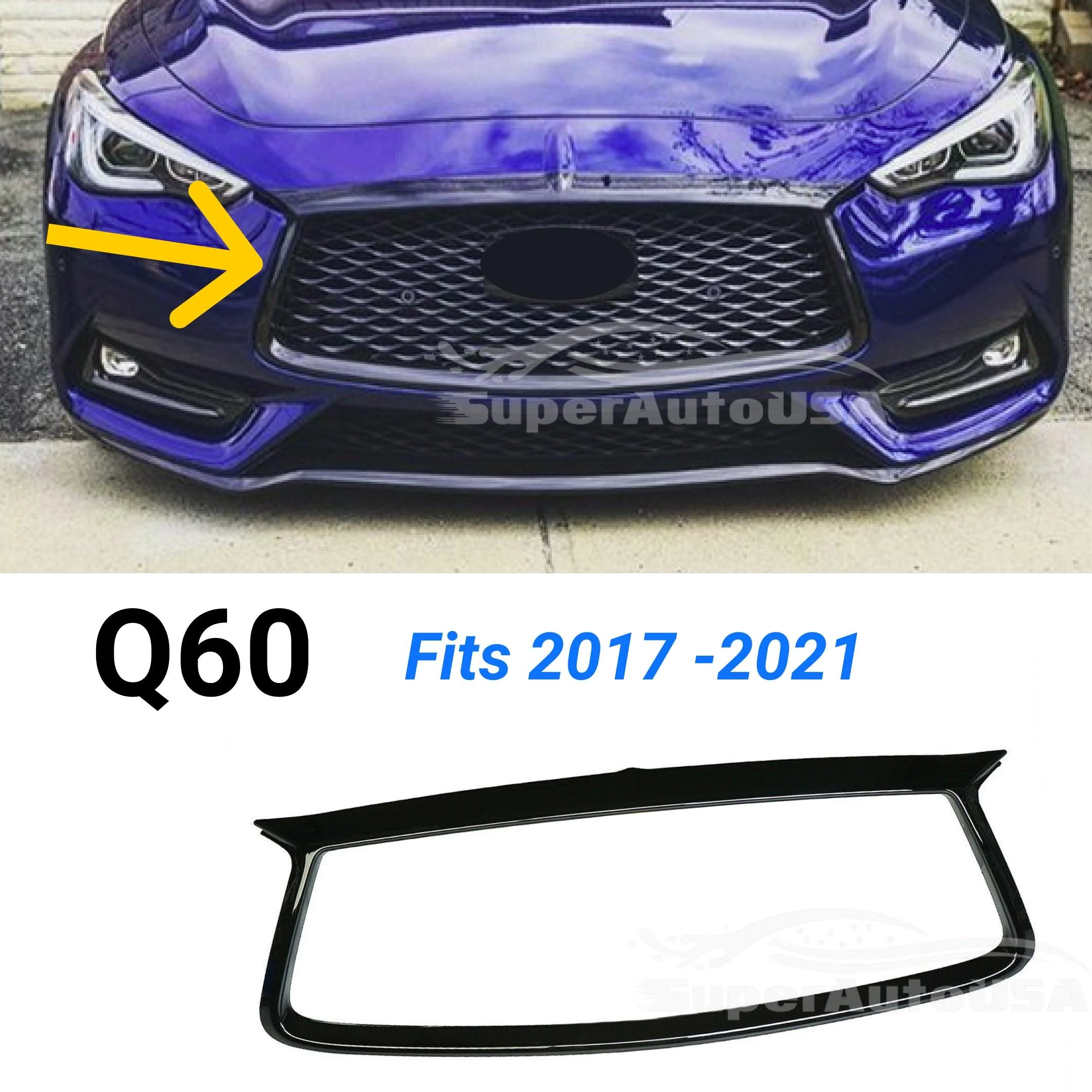 Fits 2017-2022 Q60 Front Grille Grill Outline Trim Frame Cover (Gloss Black) - Image 6