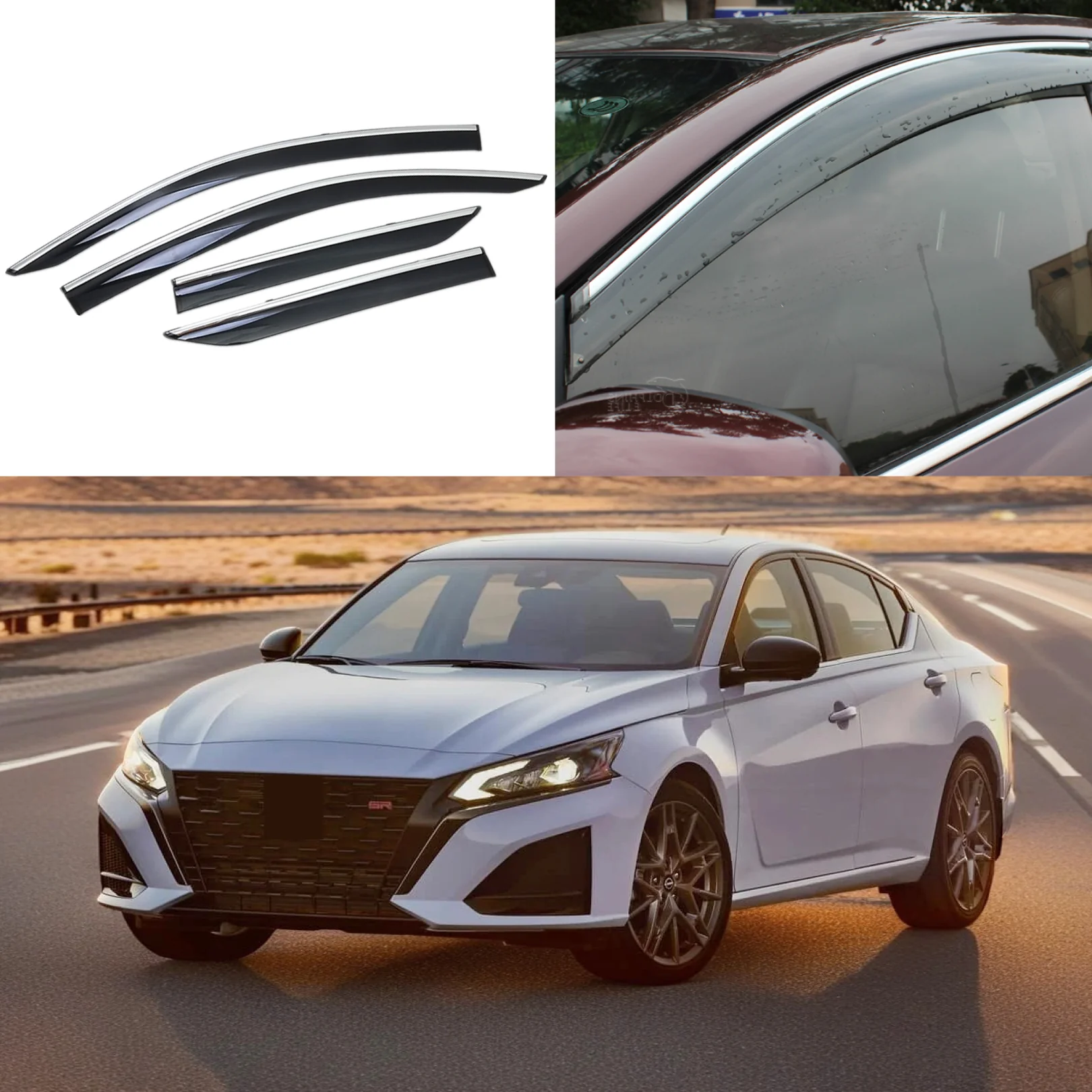 Fit 2019-2023 Nissan Altima Chrome Trim Vent Window Visors Rain Sun Wind Guards Shade Deflectors