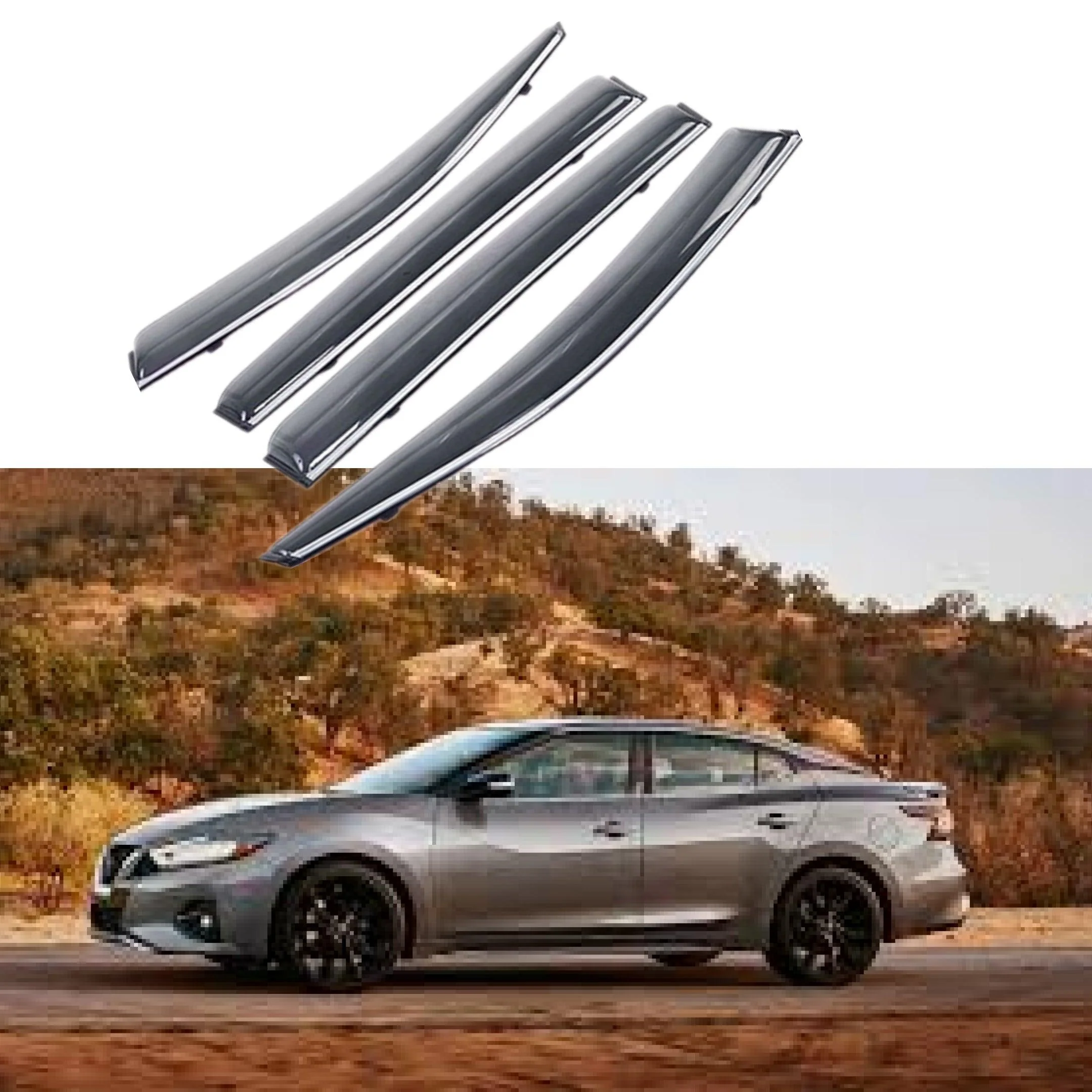 Fit 2016-2023 Nissan Maxima Clip-On Chrome Trim Vent Window Visors Rain Sun Wind Guards Shade Deflectors