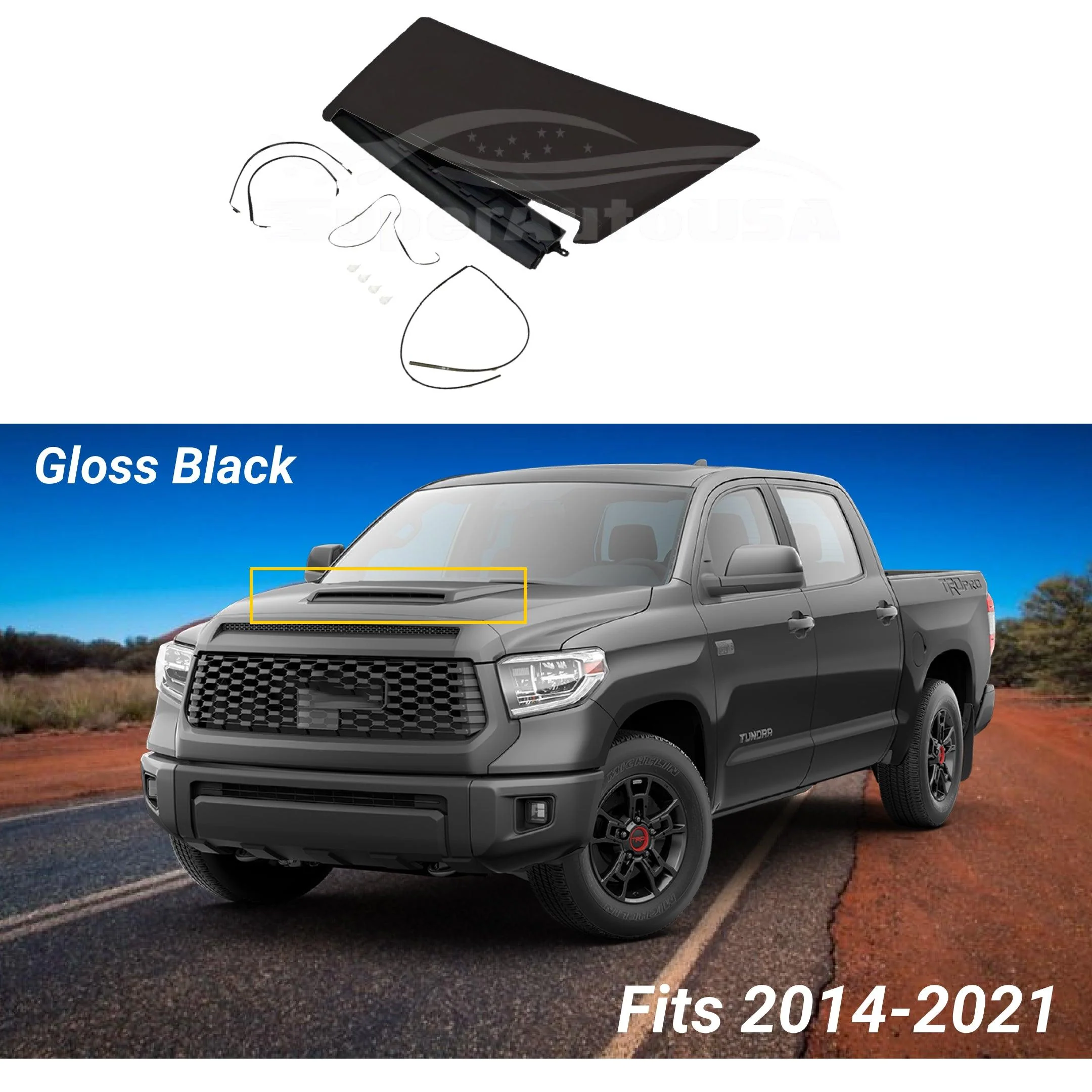 Fits 2014- 2021 Toyota Tundra TRD PRO & Sport Air Flow Decorative Intake Hood Scoop Kit (Gloss Black) - Image 2