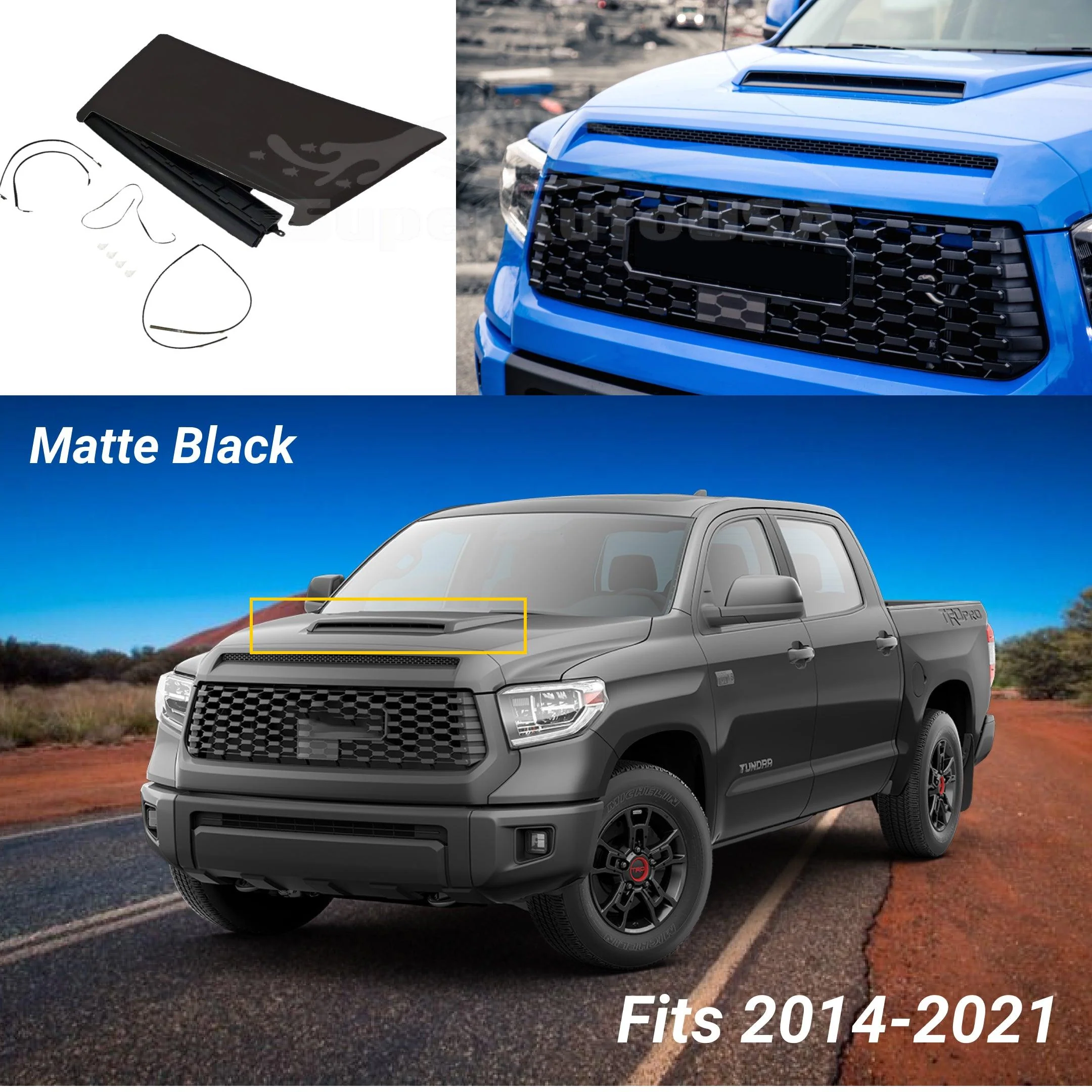 Fits 2014-2021 Toyota Tundra TRD PRO & Sport Air Flow Decorative Intake Hood Scoop Kit (Unpainted Matte Black) - Image 2