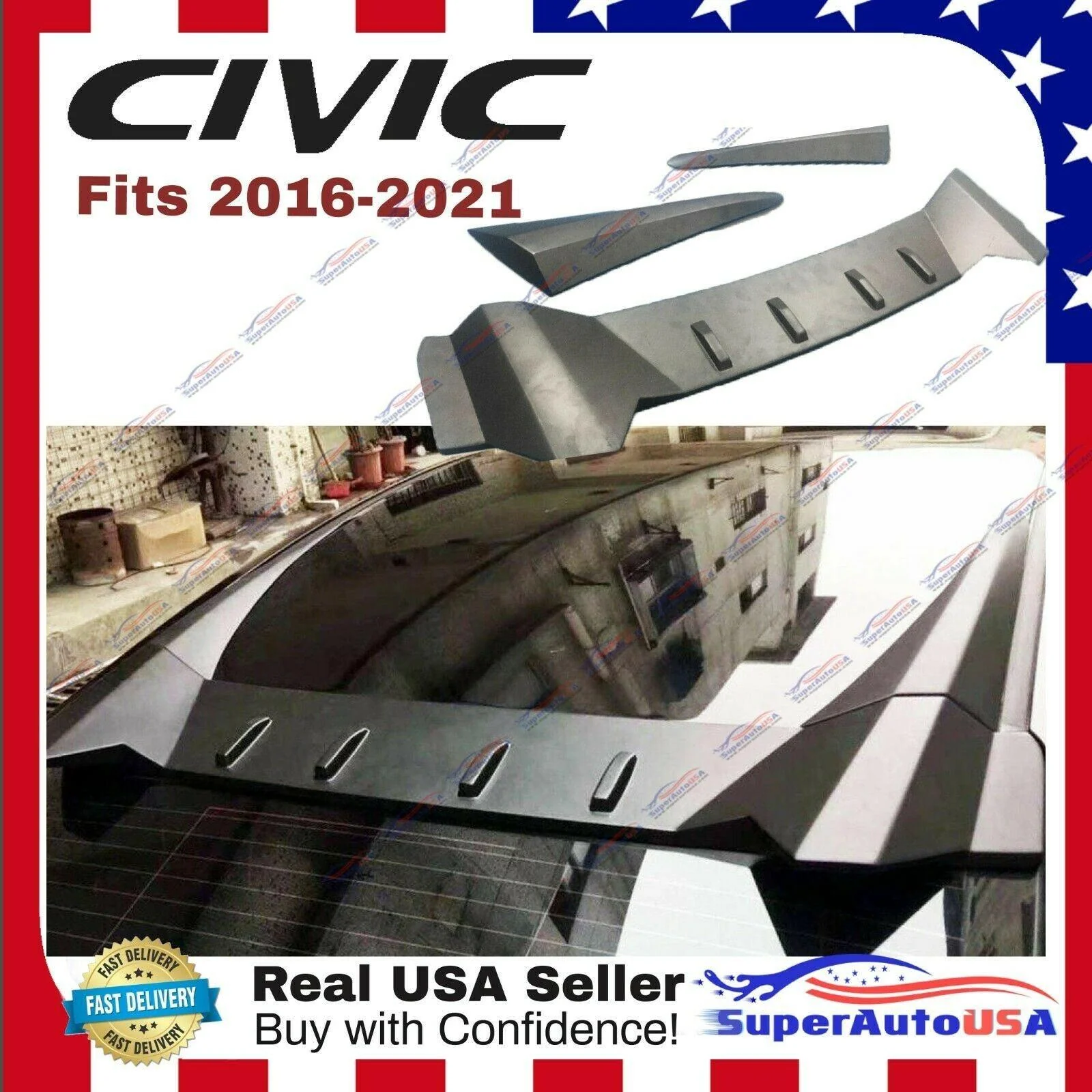Fit 2016-2021 10th CIVIC 2016-2021 Sedan Rear Roof Vortex Generators(Unpainted / MATTE BLACK) - Image 3