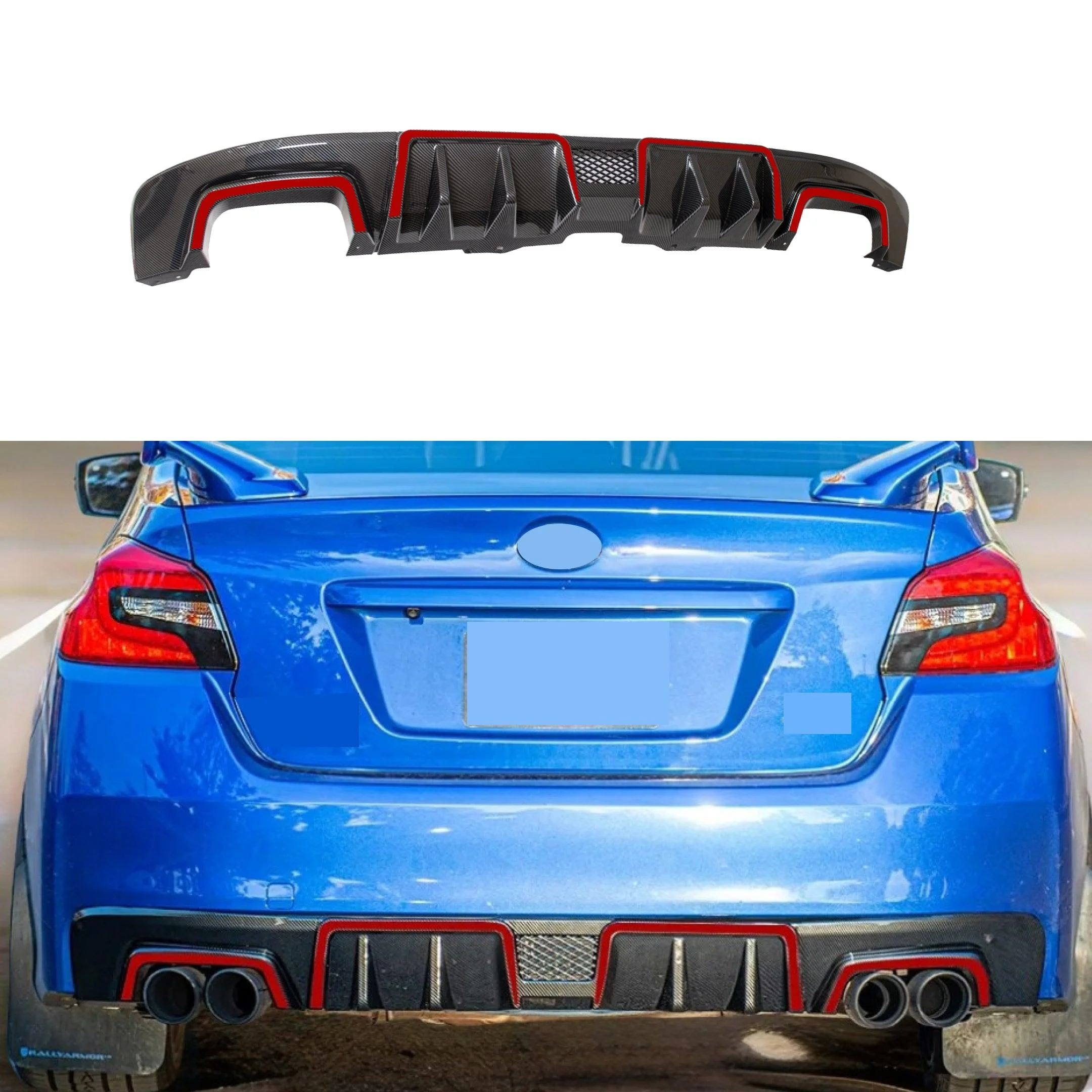 2015-2021 Subaru WRX STI VA - Front Lip, Side Skirts & Rear Diffuser Set - Gloss Black w/ Red Trim (8pc) - Image 2
