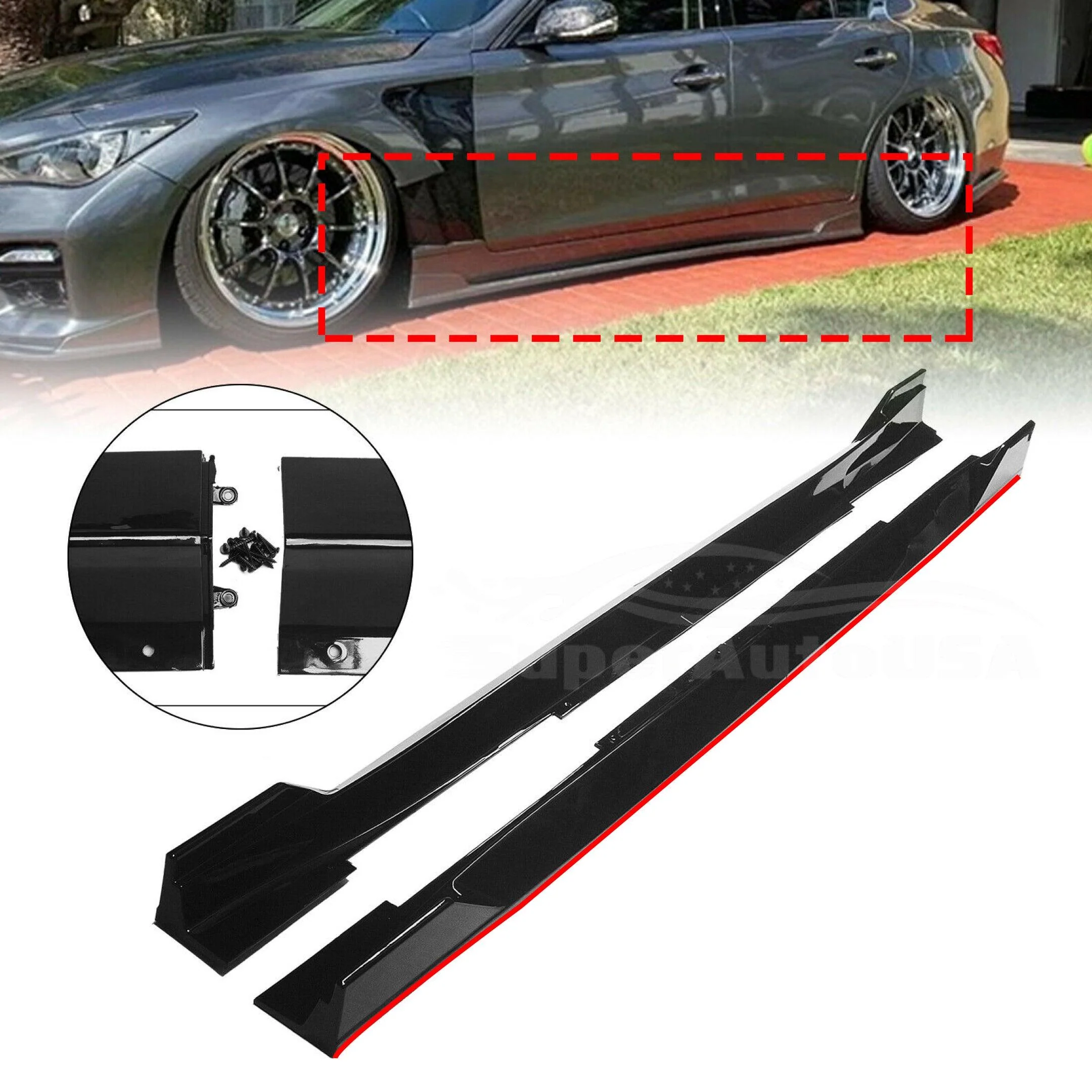 For 2014-2022 Infiniti Q50 ST Style Side Skirt Extension Lip (Gloss Black Red Trim) - Image 2