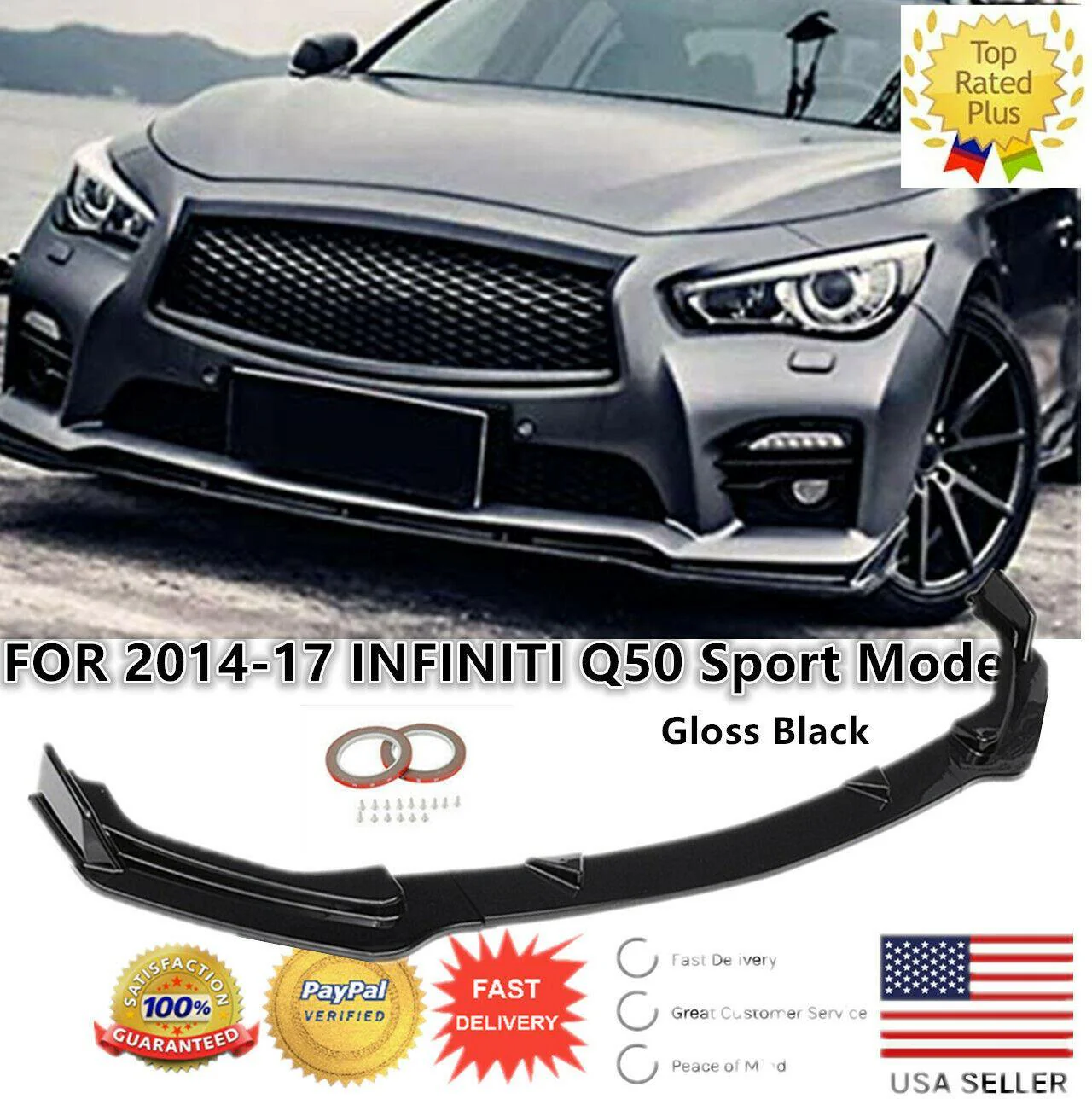 Fits 2014-2017 Infiniti Q50 sport Front Splitter Lip Spoiler (Glossy Black) - Image 9