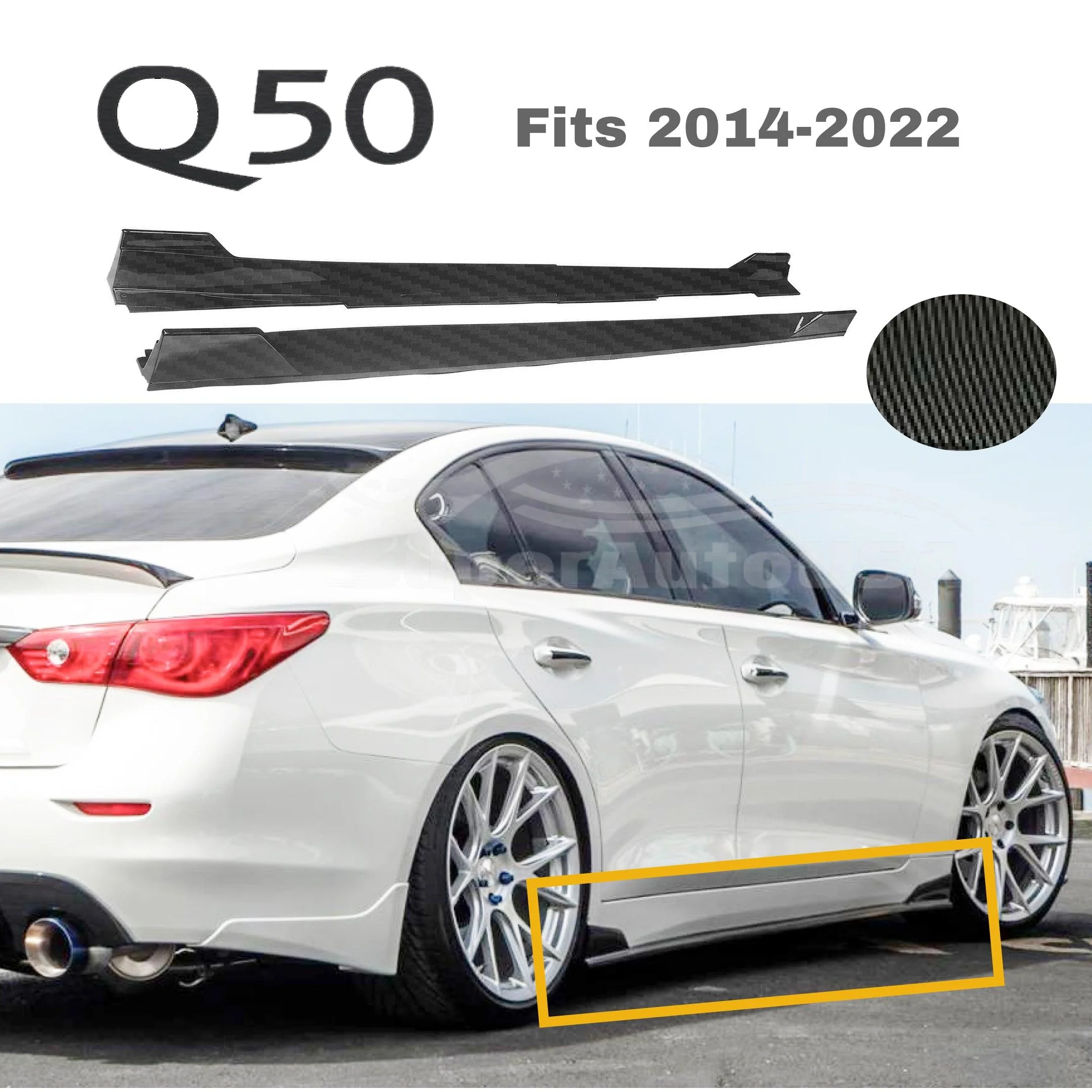 For 2014-2022 Infiniti Q50 ST Style Side Skirt Extension Lip (Carbon Fiber Print) - Image 2