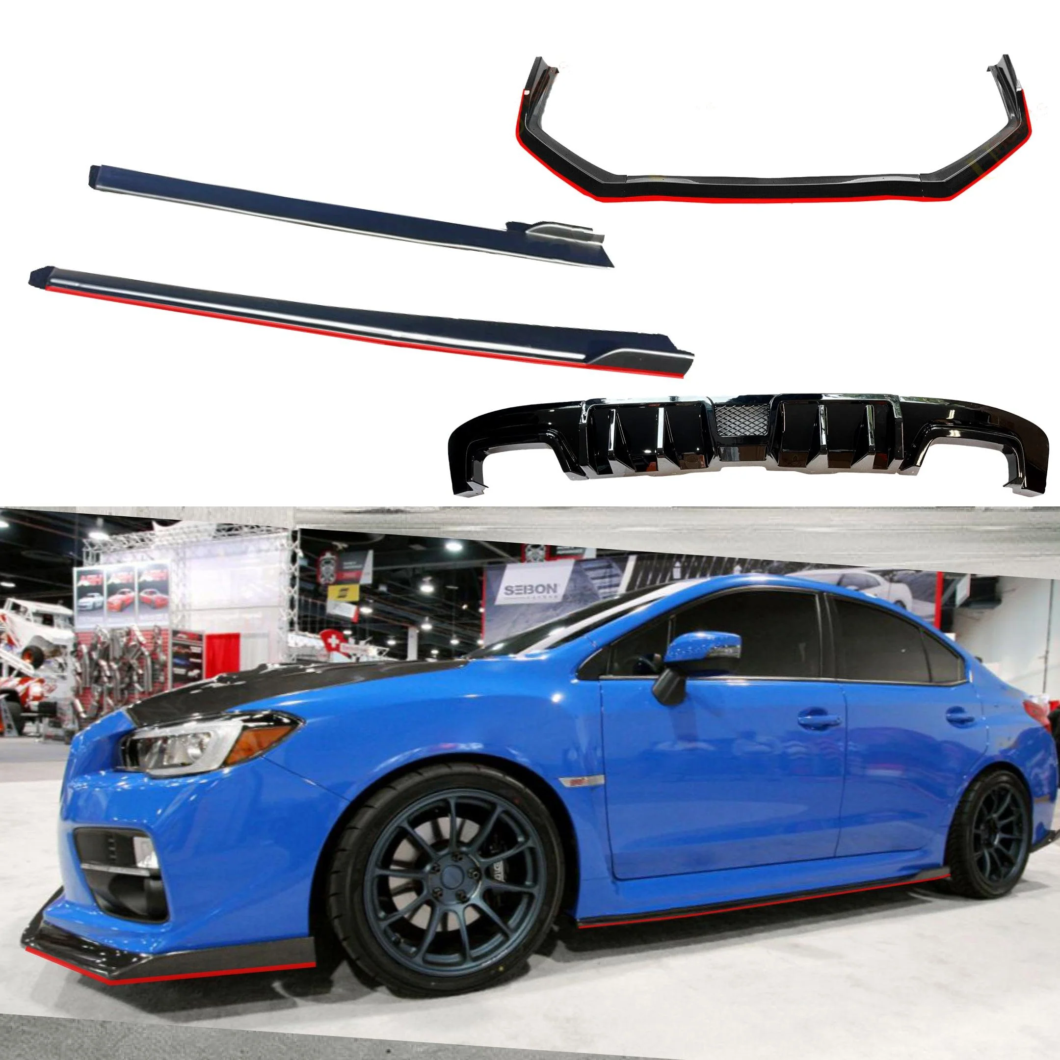 2015-2021 Subaru WRX STI VA - Front Lip, Side Skirts & Rear Diffuser Set - Gloss Black / Carbon Print w/ Red Stripe (8pc)