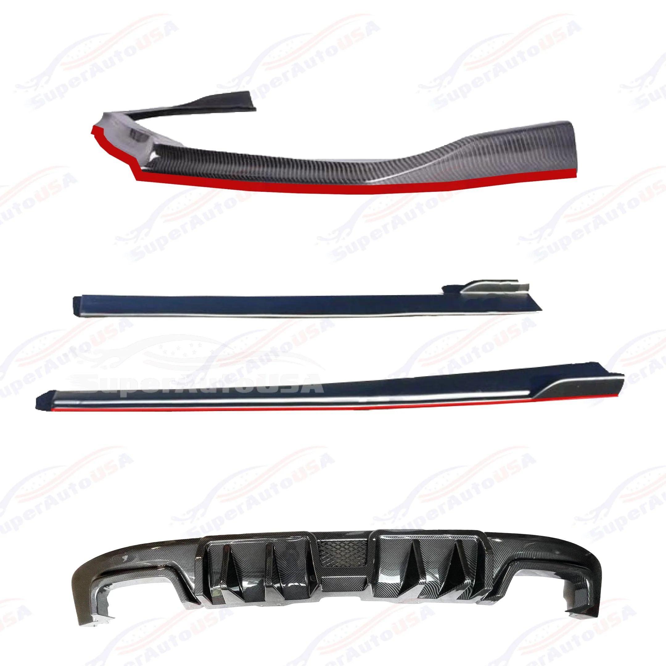 2015-2021 Subaru WRX STI VA - Front Lip, Side Skirts & Rear Diffuser Set - Gloss Black / Carbon Print w/ Red Stripe (8pc) - Image 12
