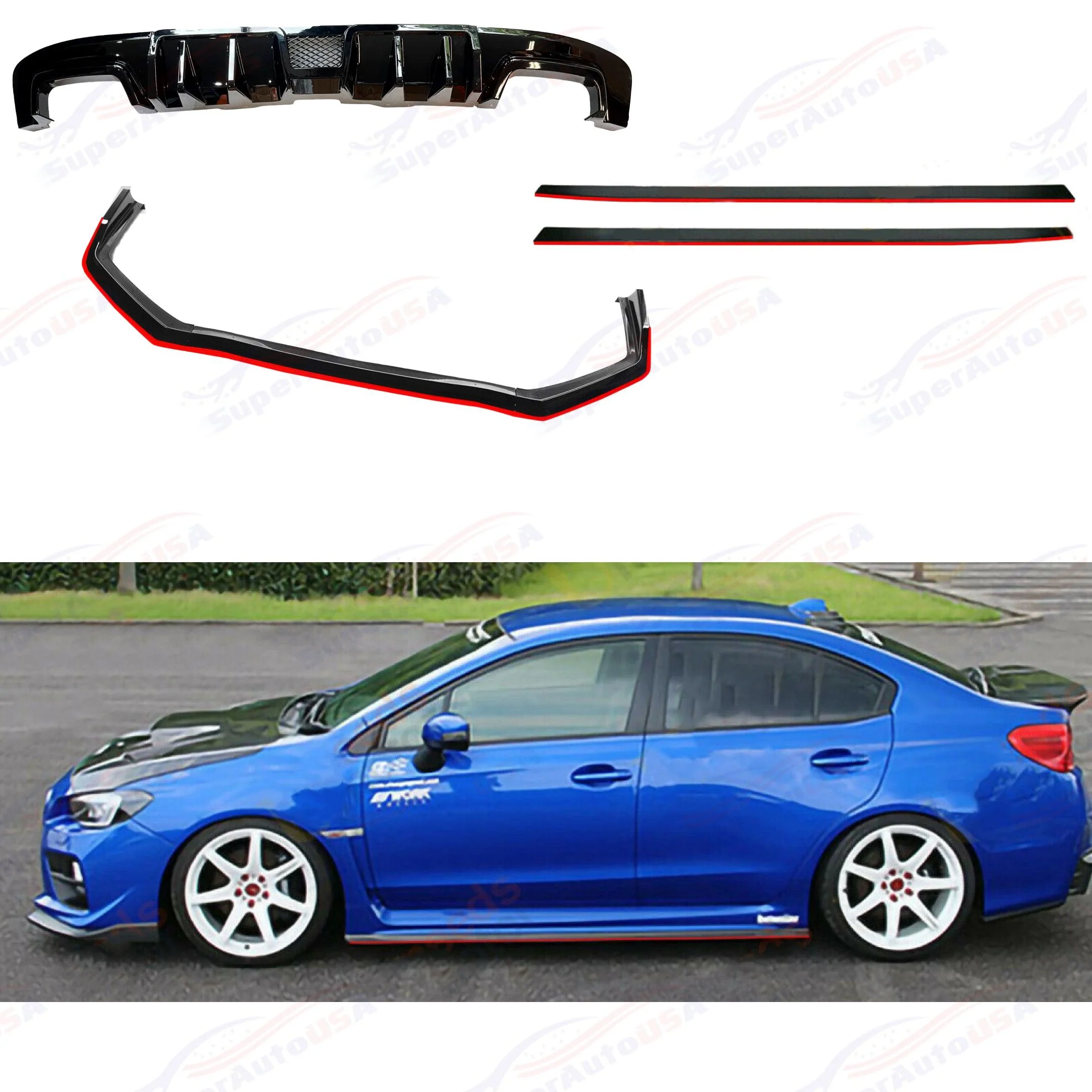 2015-2021 Subaru WRX STI VA - Front Lip, Side Skirts & Rear Diffuser Set - Gloss Black / Carbon Print w/ Red Stripe (8pc) - Image 2
