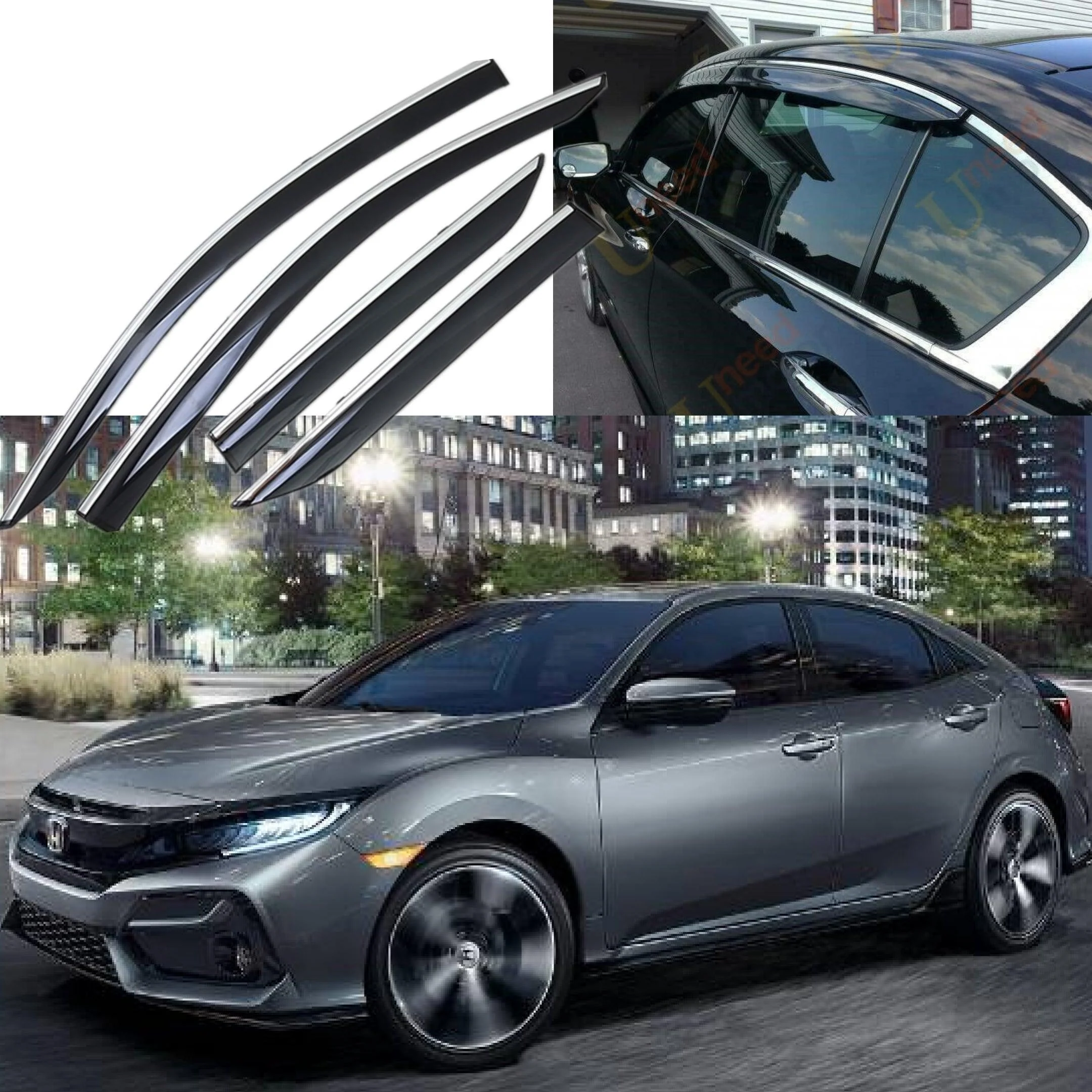 Fit 2017-2021 Honda Civic Hatchback Mugen Style Clip-On Chrome Trim Vent Window Visors Rain Sun Wind Guards Shade Deflectors