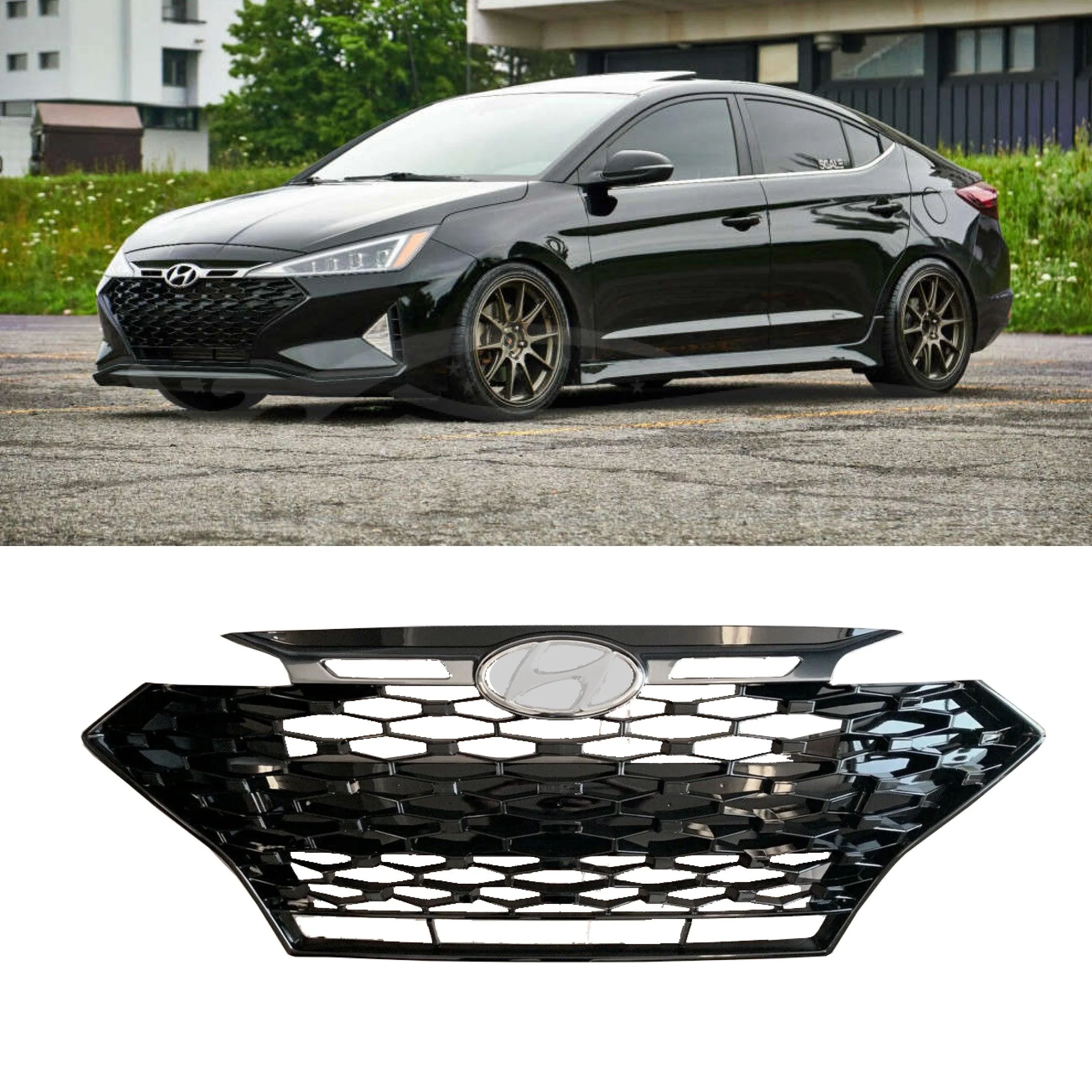 For Hyundai Elantra Sedan Sport 2019-2020 Mesh Style Front Bumper Grill Grille (Gloss Black & Chrome) - Image 4