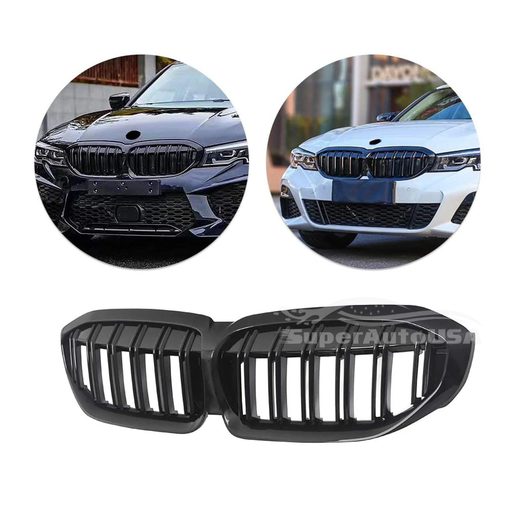 Fits 2019-2022 BMW 3 Series G20 G21 Double Line Glossy Gloss Black Front Kidney Grill - Image 3
