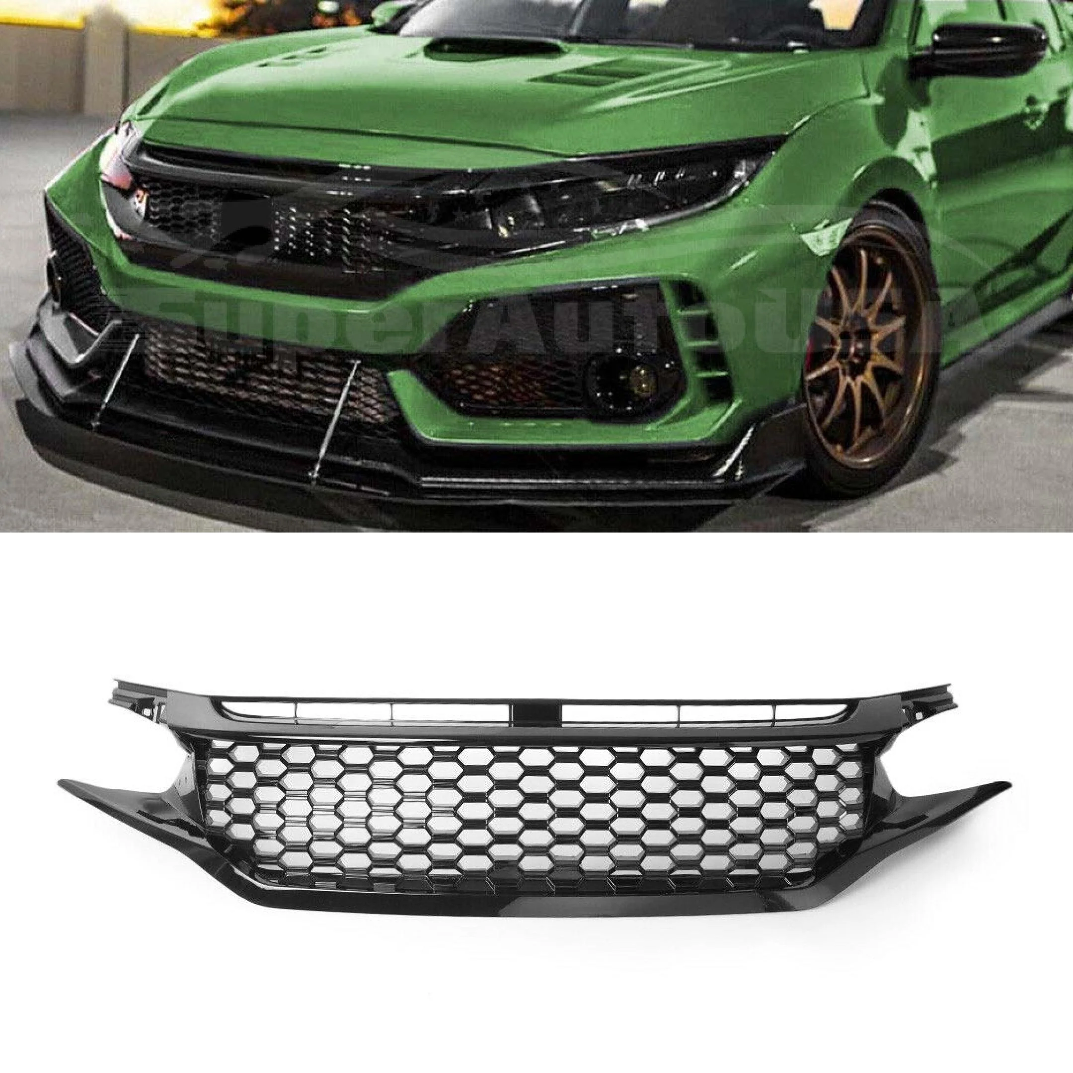 Fit 2016-2018 HONDA Civic 10 Front Bumper Center Radiator Grille Honeycomb Grill (Black) - Image 2