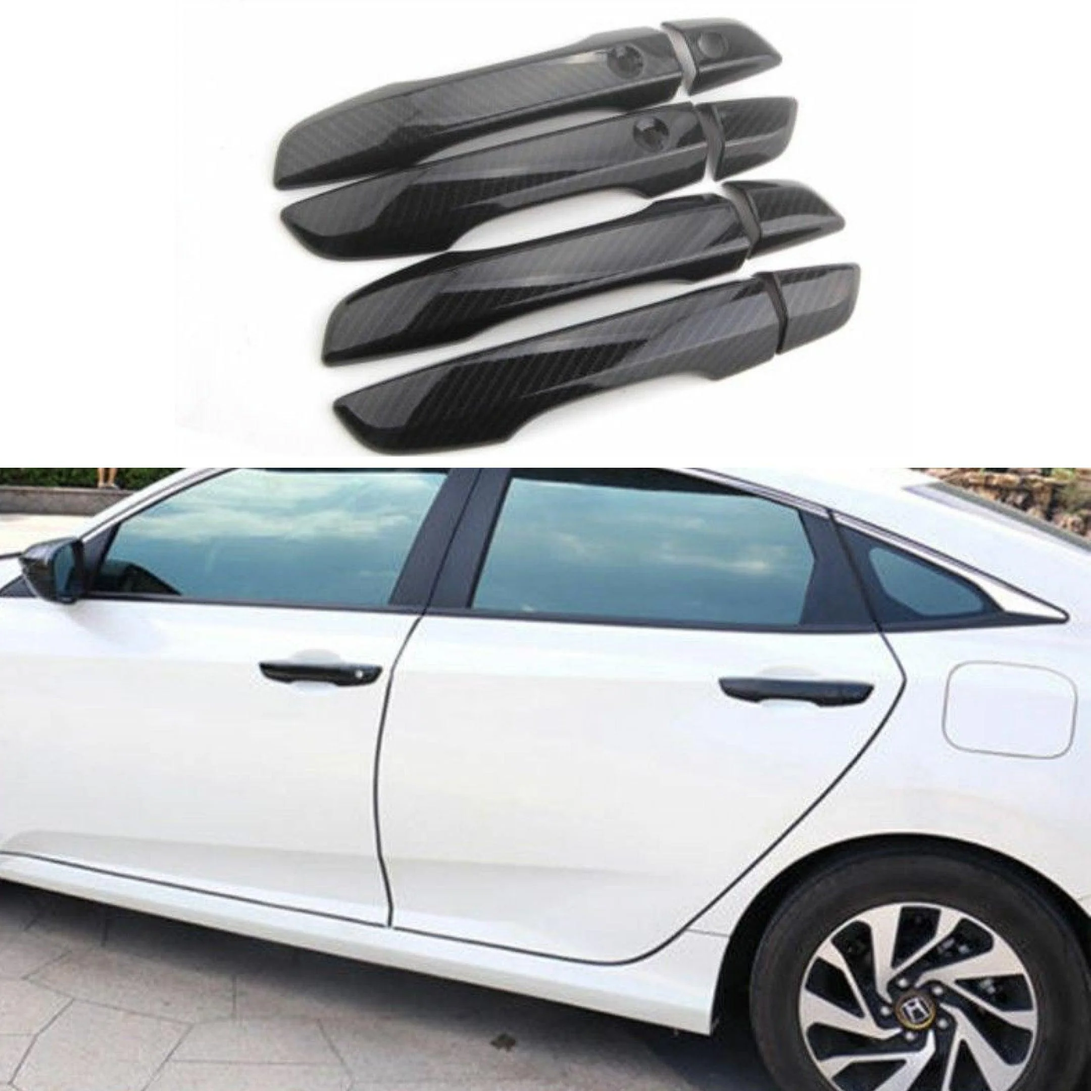 Fit 2016-2020 Honda Civic Door Handle Cover Bezel Trim (Carbon Fiber Print, Smart Holes)