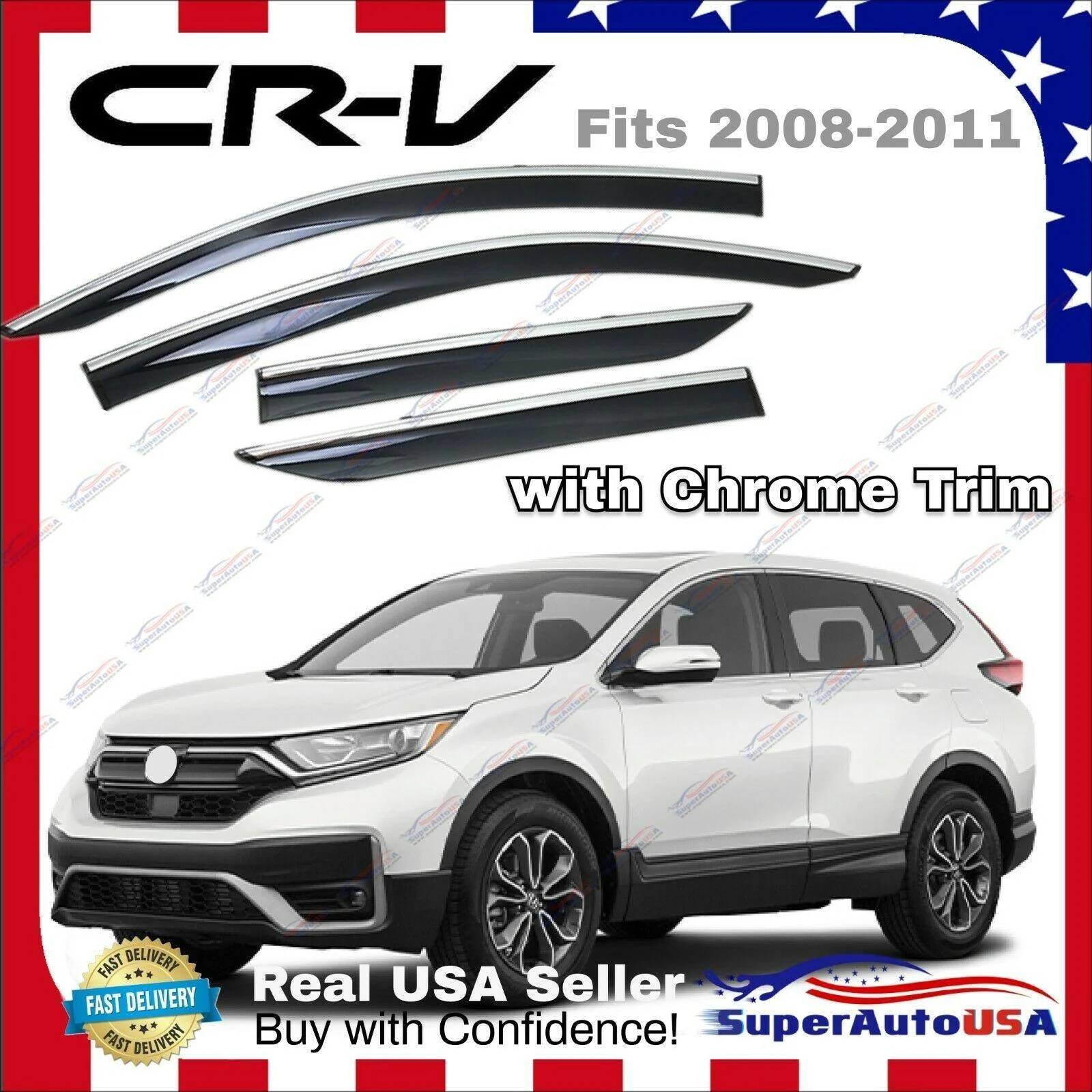 Fit 2008-2011 Honda CRV Clip-On Chrome Trim Vent Window Visors Rain Sun Wind Guards Shade Deflectors - Image 7