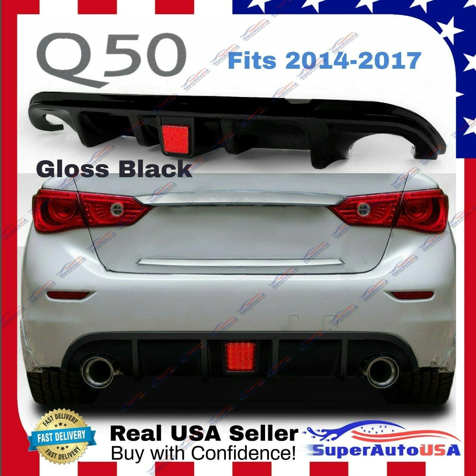 Fits 2014-2017 Infiniti Q50 Rear Spoiler Lower Diffuser with LED Light (Gloss Black) - Image 3