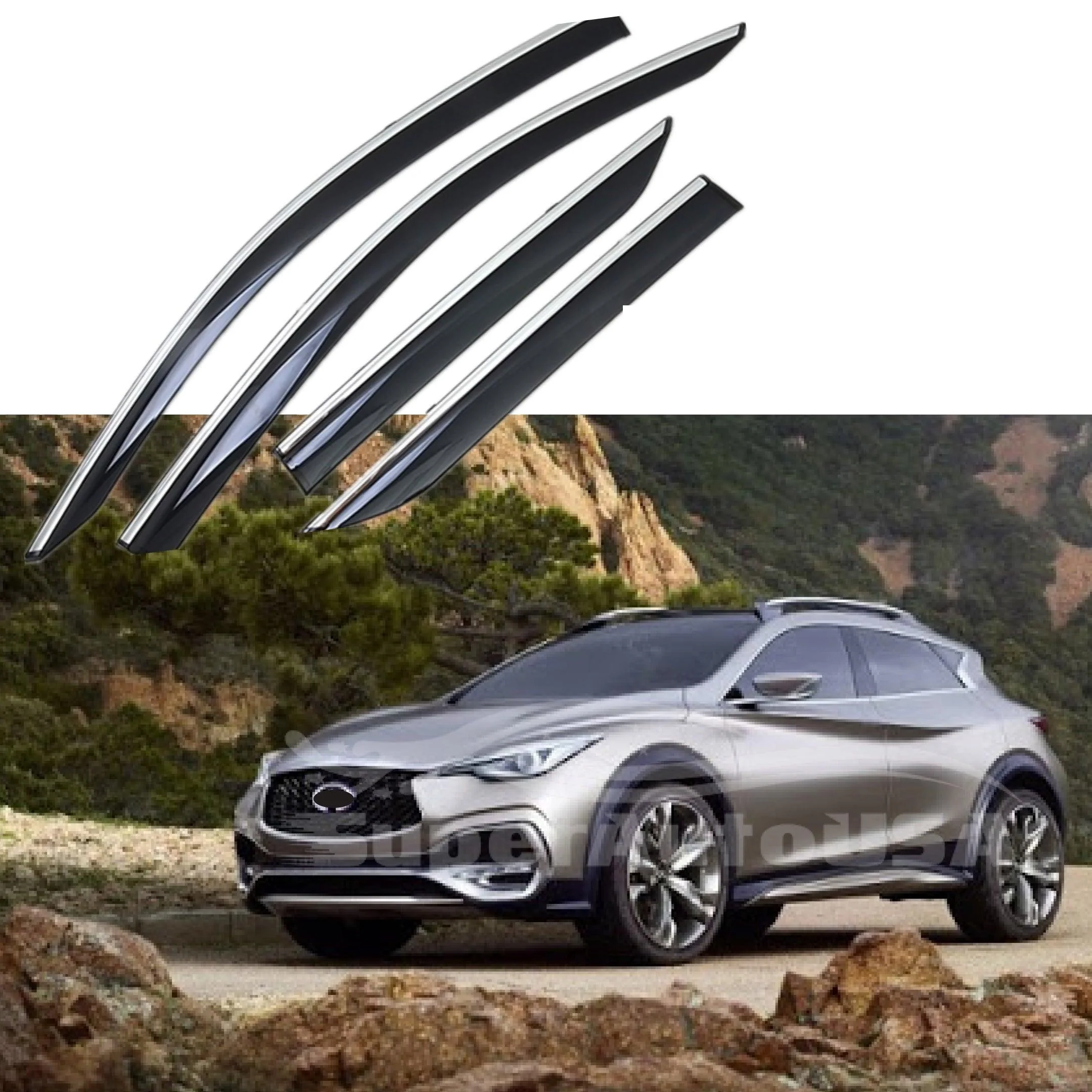 Fit 2016-2021 Infiniti QX30 Clip-On Chrome Trim Vent Window Visors Rain Sun Wind Guards Shade Deflectors