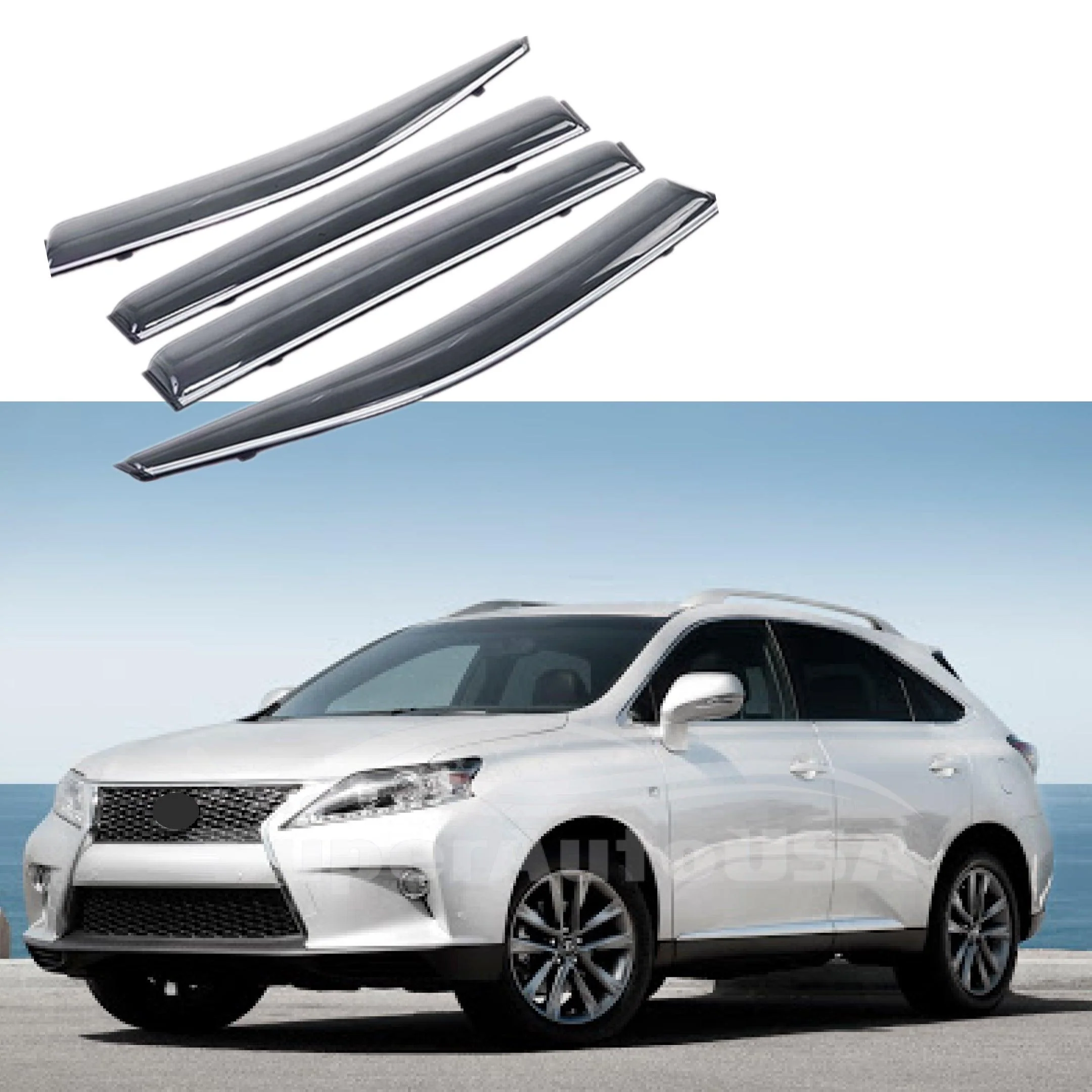 Fit 2010-2015 Lexus RX350 RX450H Clip-On Chrome Trim Vent Window Visors Rain Sun Wind Guards Shade Deflectors