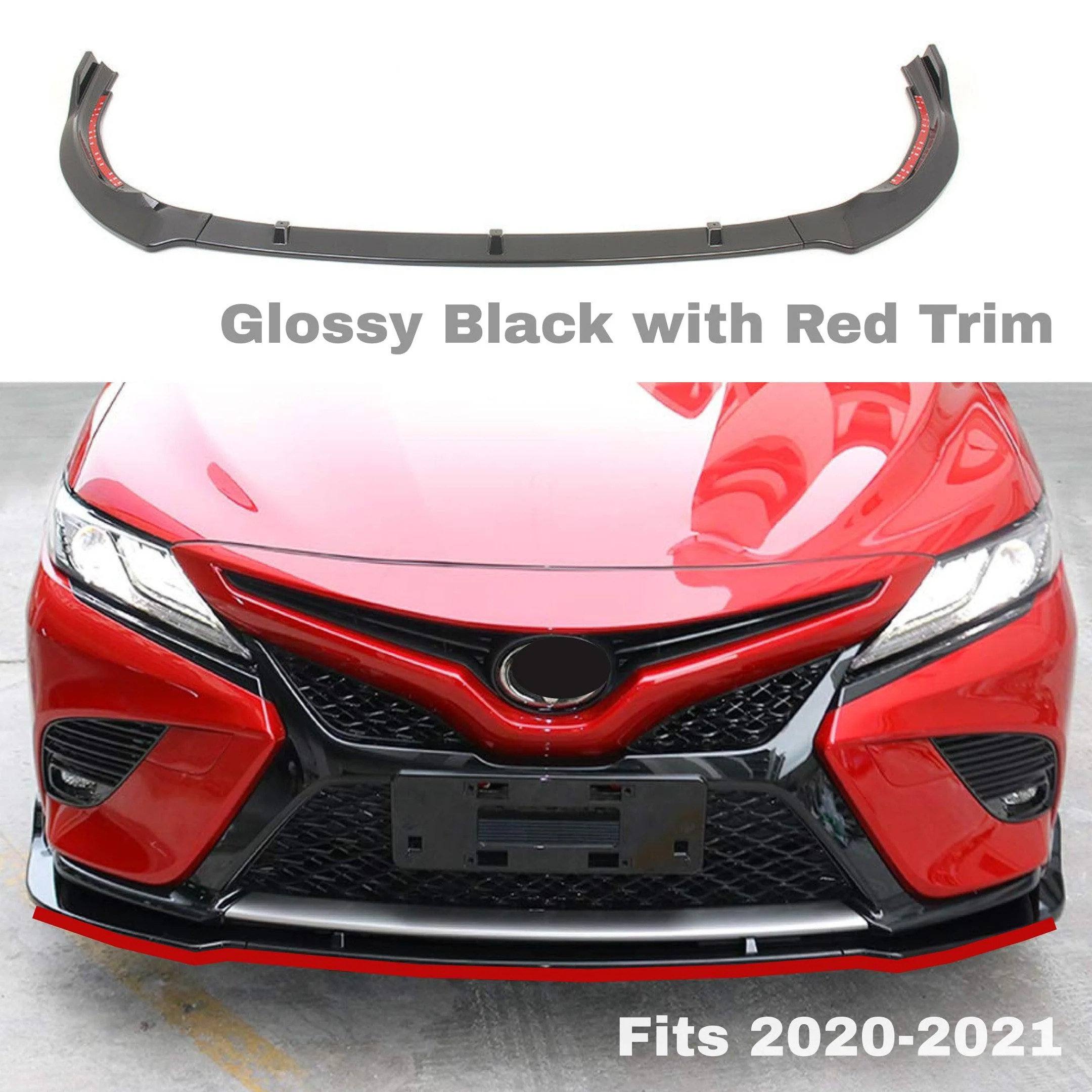 Fits 2018-2023 Toyota Camry SE XSE TRD Style Front Bumper Lip (Gloss Black with Red Trim) - Image 2